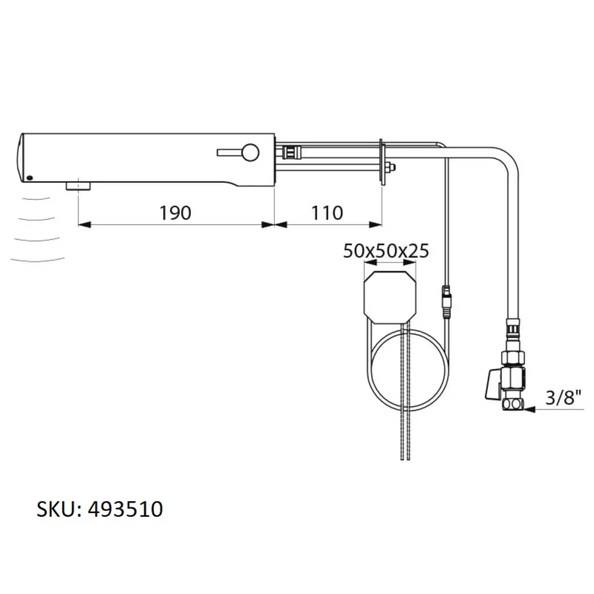 A image showing the technical drawings for the Delabie Tempomatic Mix 4 Mains Cross Wall 190mm