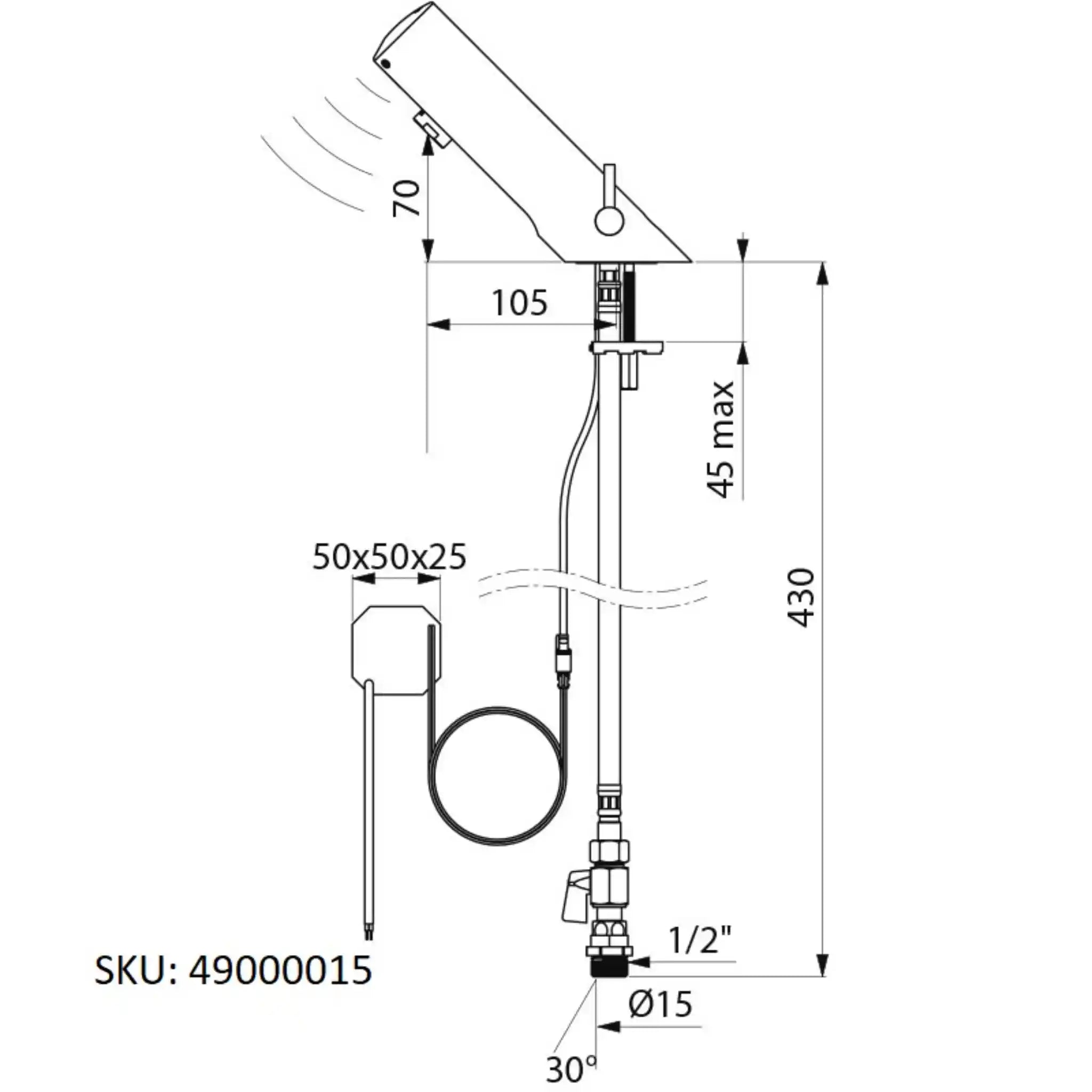 A image showing the technical drawings for the Delabie Tempomatic Mix 4 Mains Deck Mounted Standard
