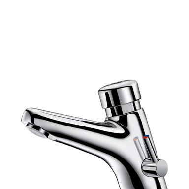 An image of Delabie Tempomix 2 Push Button deck-mounted time flow basin mixer, chrome-plated solid brass body, side temperature control, polished chrome finish