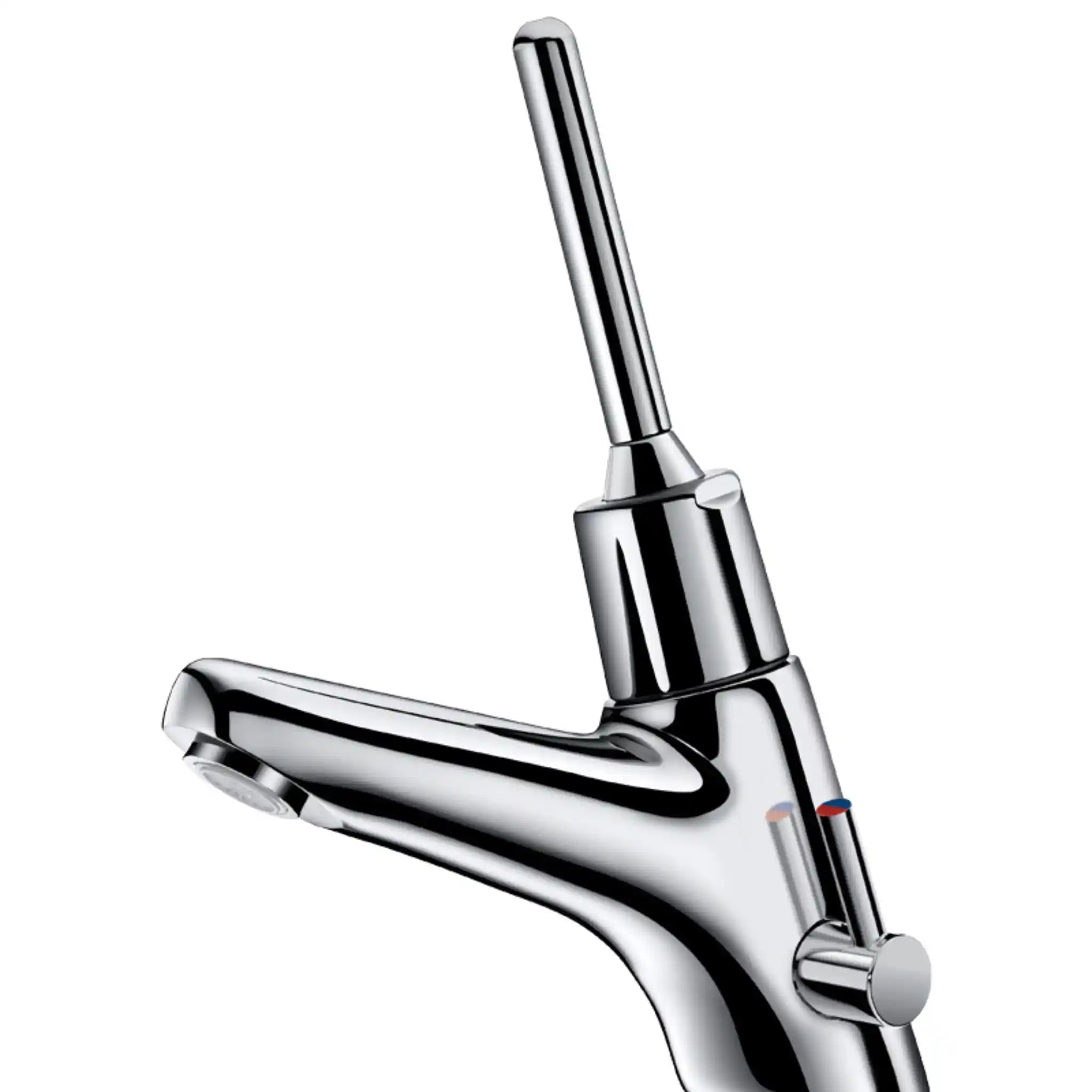 An image of Delabie Tempomix 2 Lever Operated deck-mounted time flow basin tap, chrome-plated solid brass body, single lever control, side temperature control, polished chrome finish