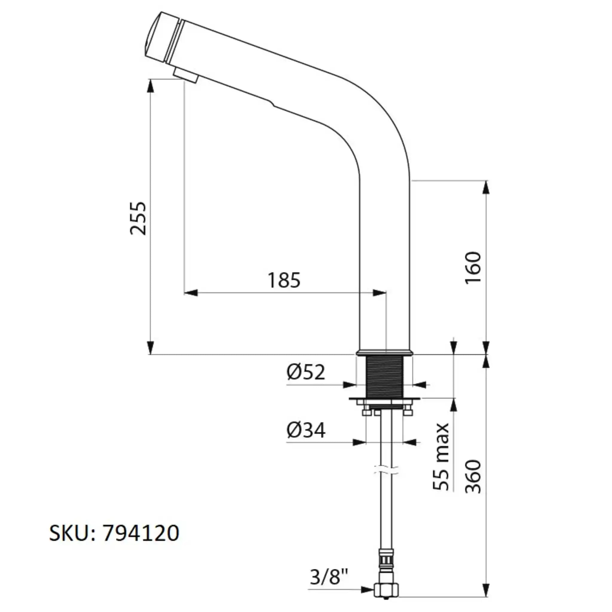 A image showing the technical drawings for the Delabie Tempomix 3 Deck Mounted Tap Chrome Plated 255mm Without AB