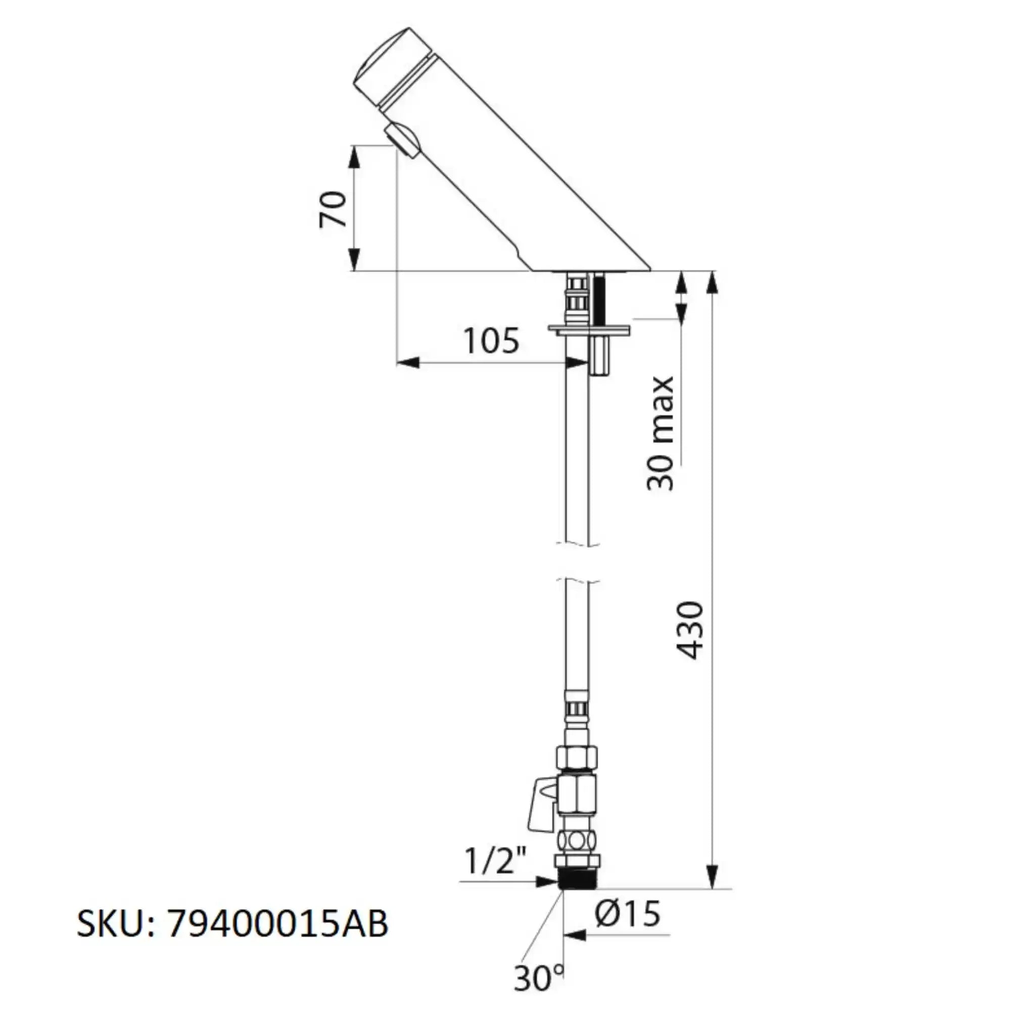 A image showing the technical drawings for the Delabie Tempomix 3 Deck Mounted Tap Chrome Plated 70mm With AB