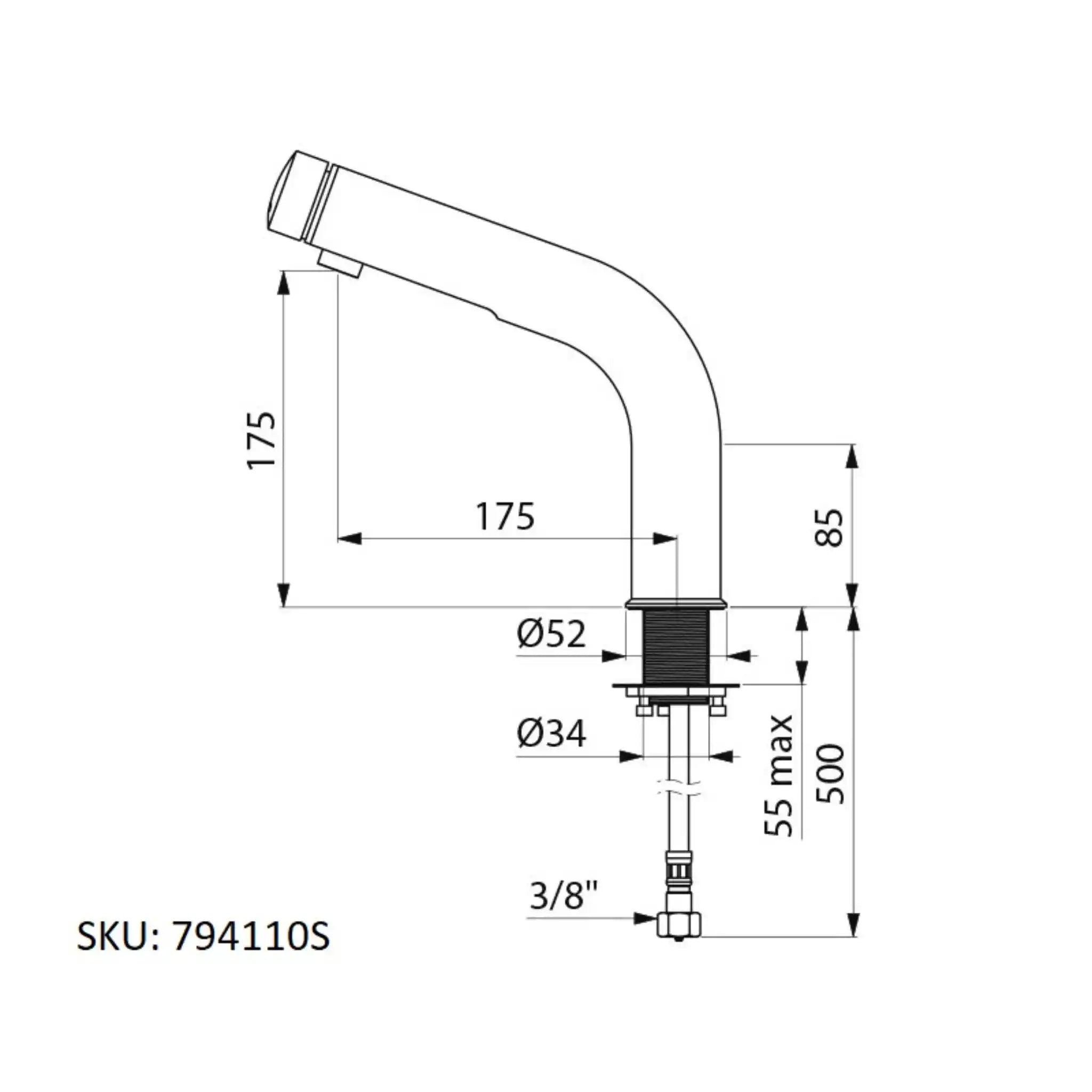 A image showing the technical drawings for the Delabie Tempomix 3 Deck Mounted Tap Satin 175mm Without AB
