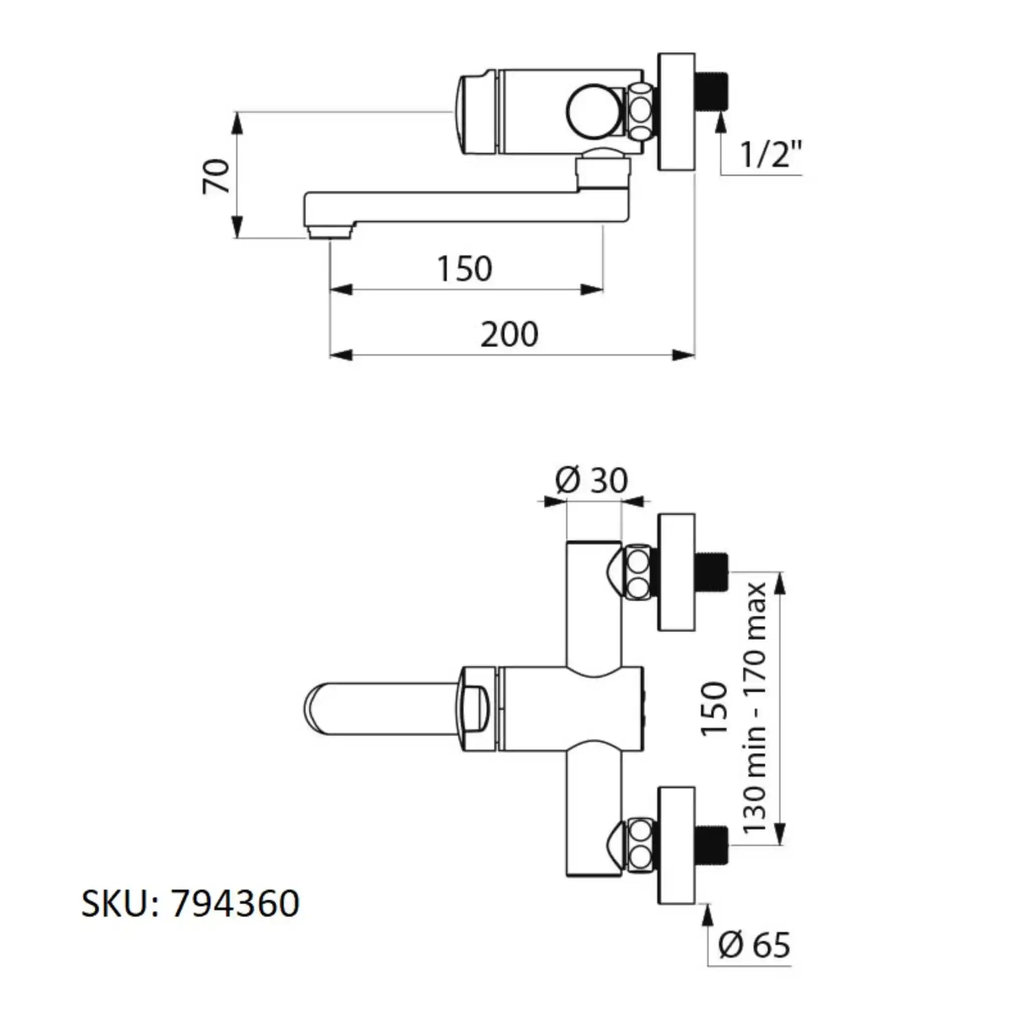 A image showing the technical drawings for the Delabie Tempomix 3 Wall Mounted Basin Mixer 150mm Fixed