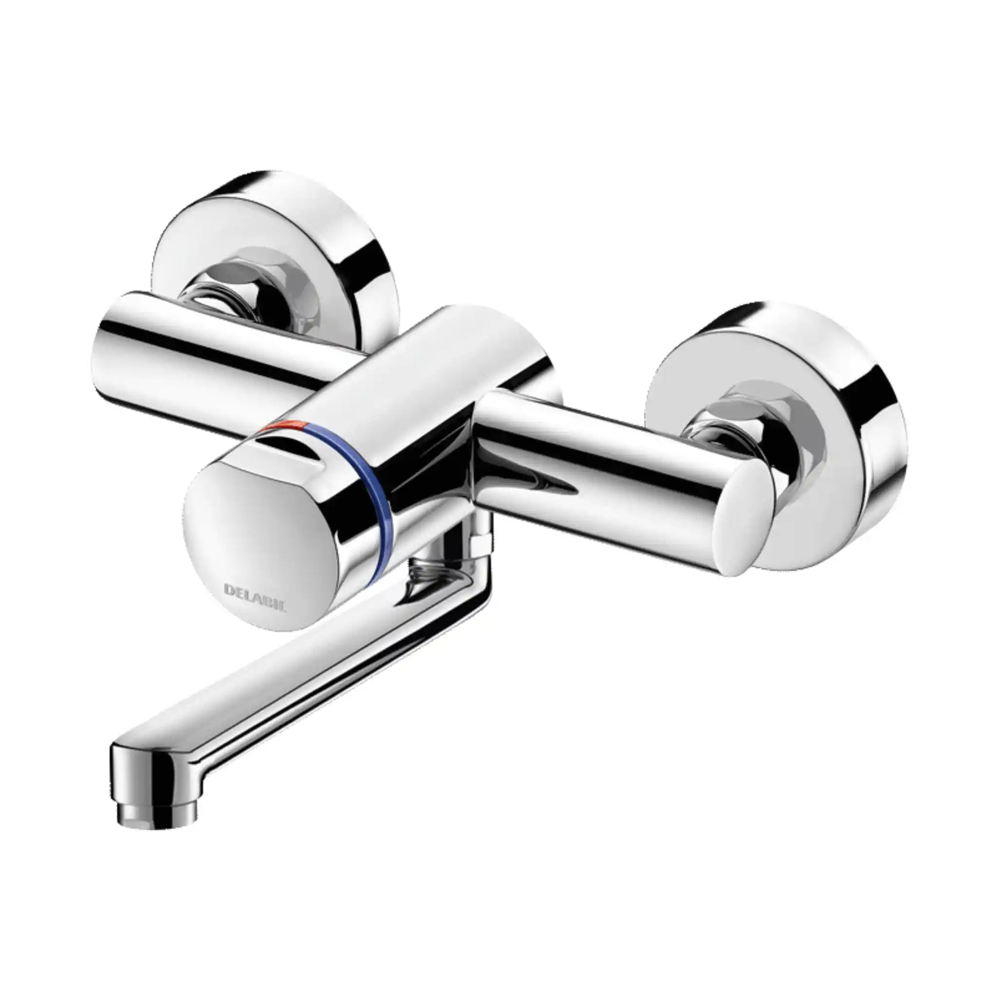 An image of Delabie Tempomix 3 basin mixer tap wall-mounted with an extended 150mm spout