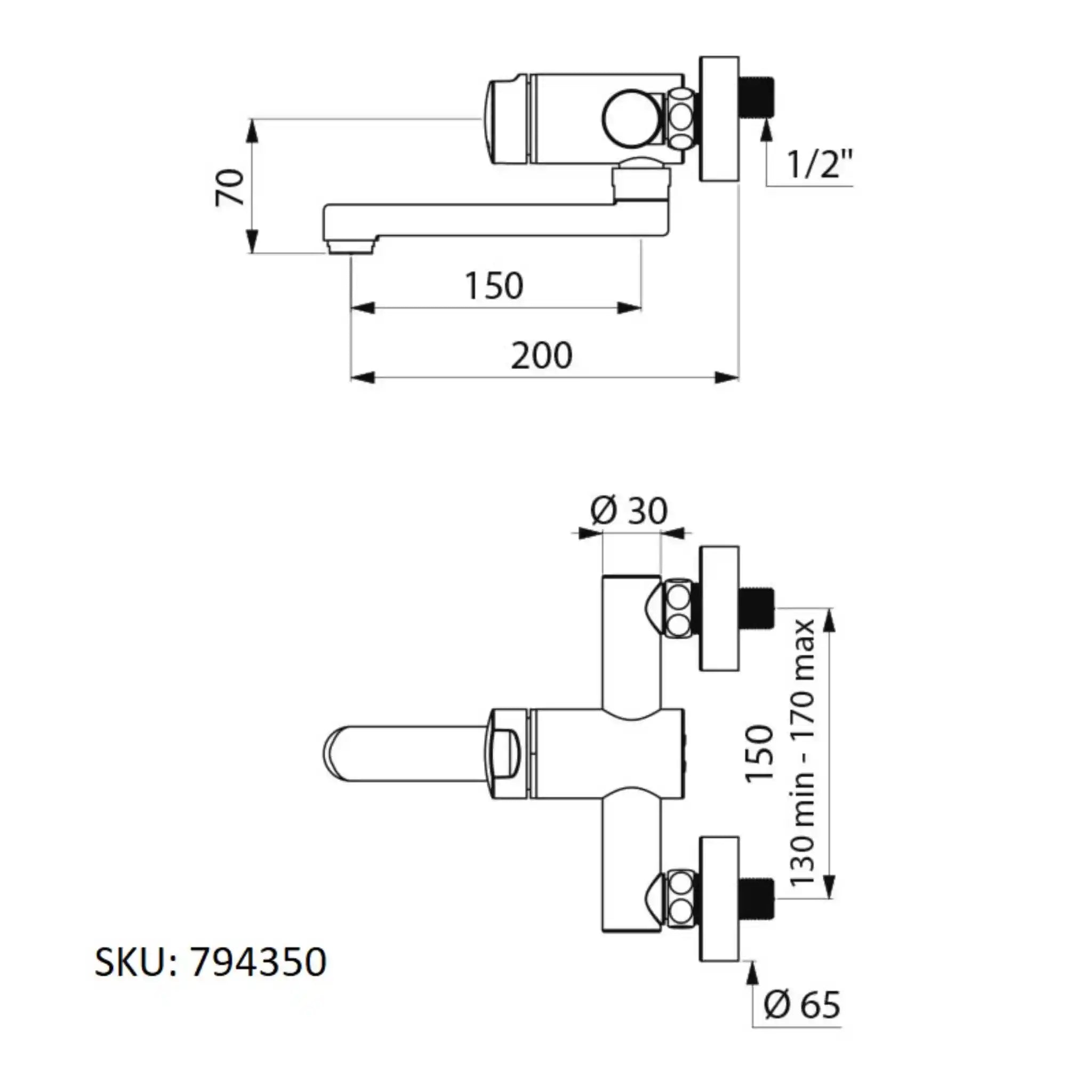 A image showing the technical drawings for the Delabie Tempomix 3 Wall Mounted Basin Mixer 150mm Swiveling