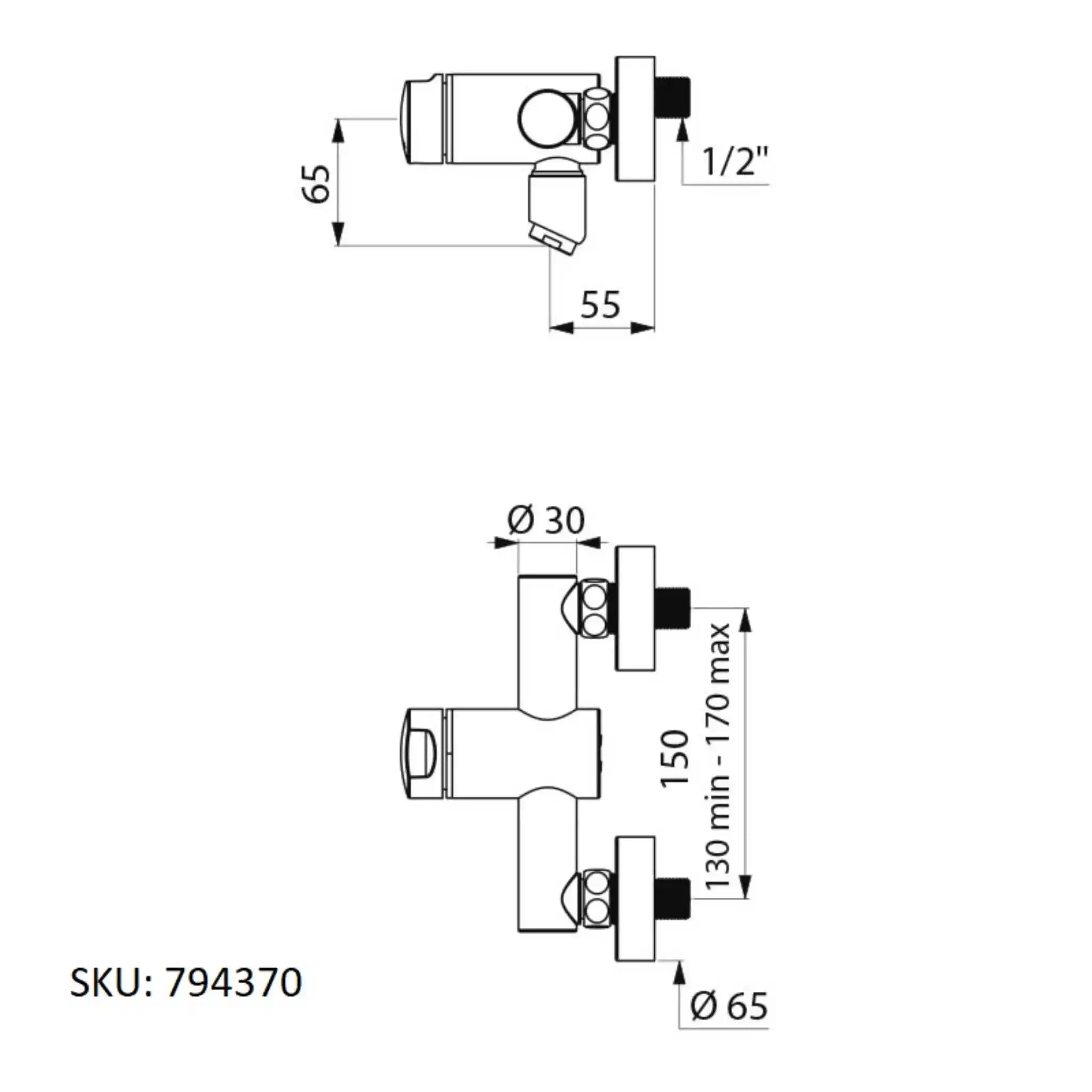 A image showing the technical drawings for the Delabie Tempomix 3 Wall Mounted Basin Mixer No Spout Length Fixed