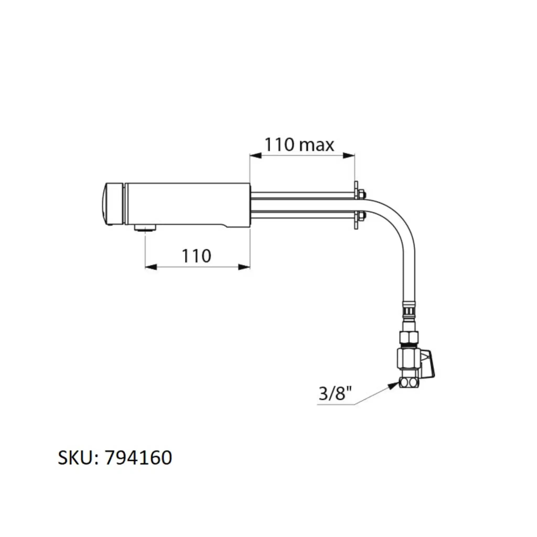 A image showing the technical drawings for the Delabie Tempomix 3 Wall Mounted Tap Cross Wall 110mm