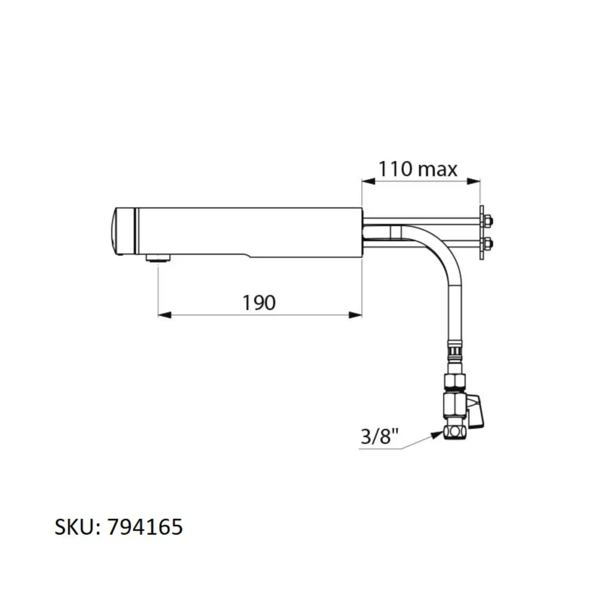 A image showing the technical drawings for the Delabie Tempomix 3 Wall Mounted Tap Cross Wall 190mm