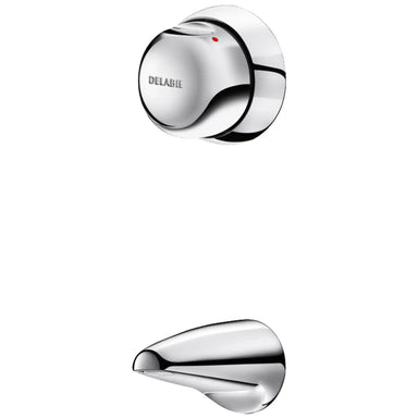 An image of Delabie Tempomix Cross Wall Vandal Proof Mixer, chrome-plated solid brass basin mixer with single metal control, cross wall alignment, polished chrome surface