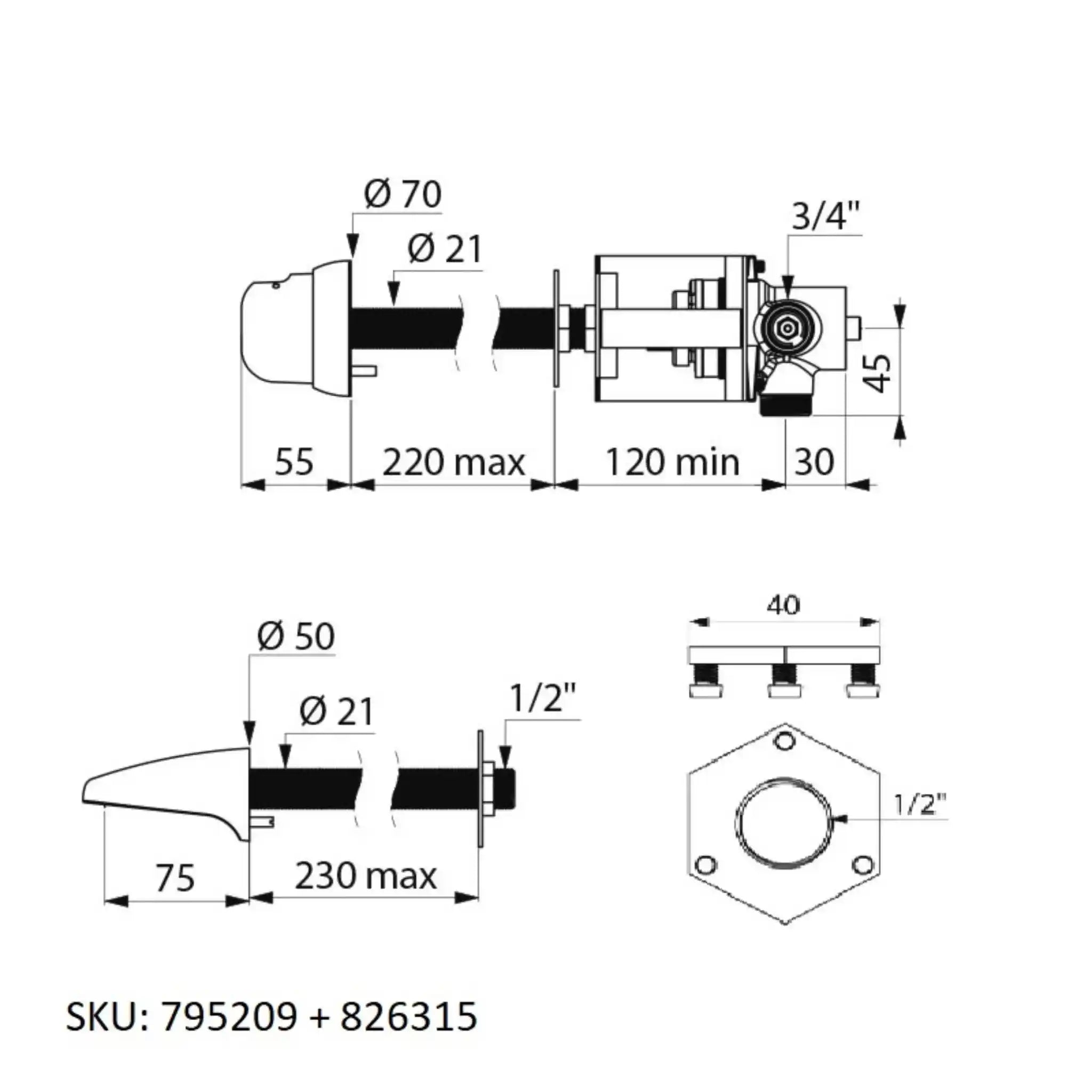 A image showing the technical drawings for the Delabie Tempomix Cross Wall Vandal Proof Mixer Reinforced Back Nut With Screws
