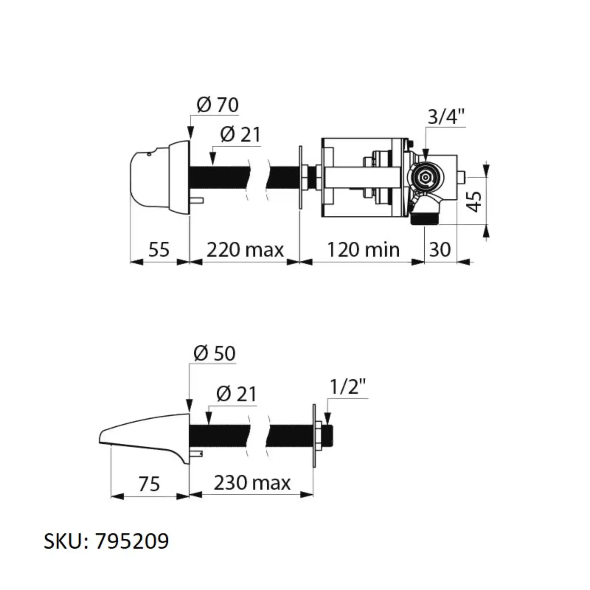 A image showing the technical drawings for the Delabie Tempomix Cross Wall Vandal Proof Mixer Standard Back Nut