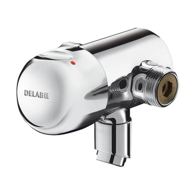An image of Delabie Tempomix wall-mounted tap, single control time flow basin mixer, solid chrome-plated brass body, straight spout, polished finish
