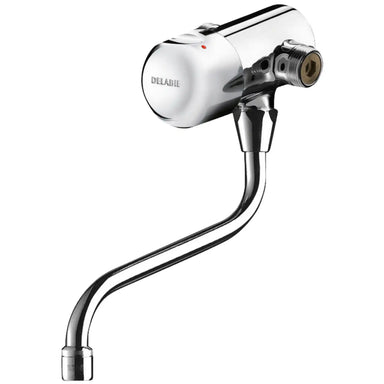 An image of Delabie Tempomix wall-mounted tap with swiveling spout, single control time flow basin mixer, solid chrome-plated brass body, polished finish