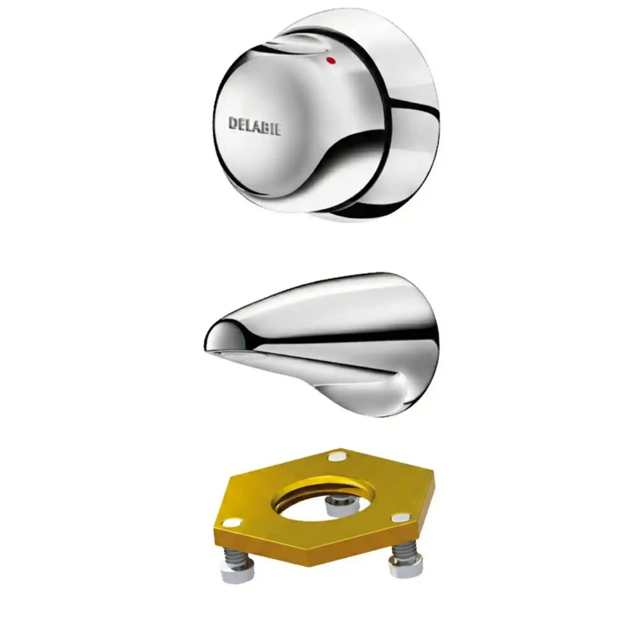 An image of Delabie Tempomix Cross Wall Vandal Proof Mixer, chrome-plated solid brass basin mixer with single metal control, cross wall alignment, polished chrome surface with Back-nut, rough brass F1/2" fitting, reinforced clamp, three stainless steel screws