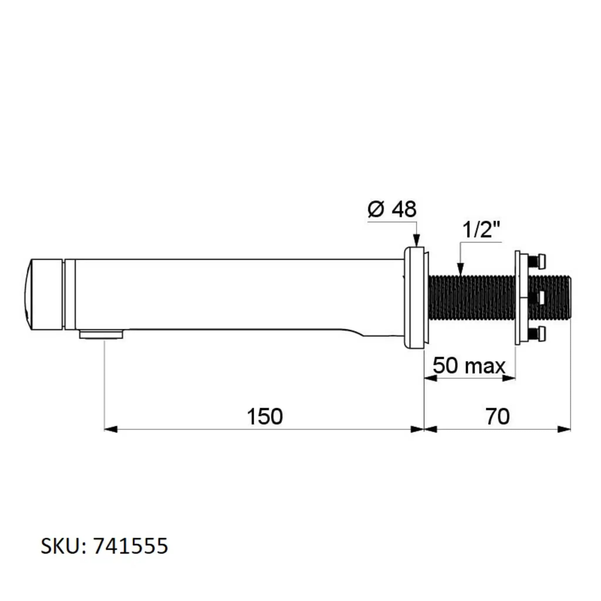 An image showing the technical drawings for the Delabie Temposoft 2 Wall Mounted 150mm Back Nut