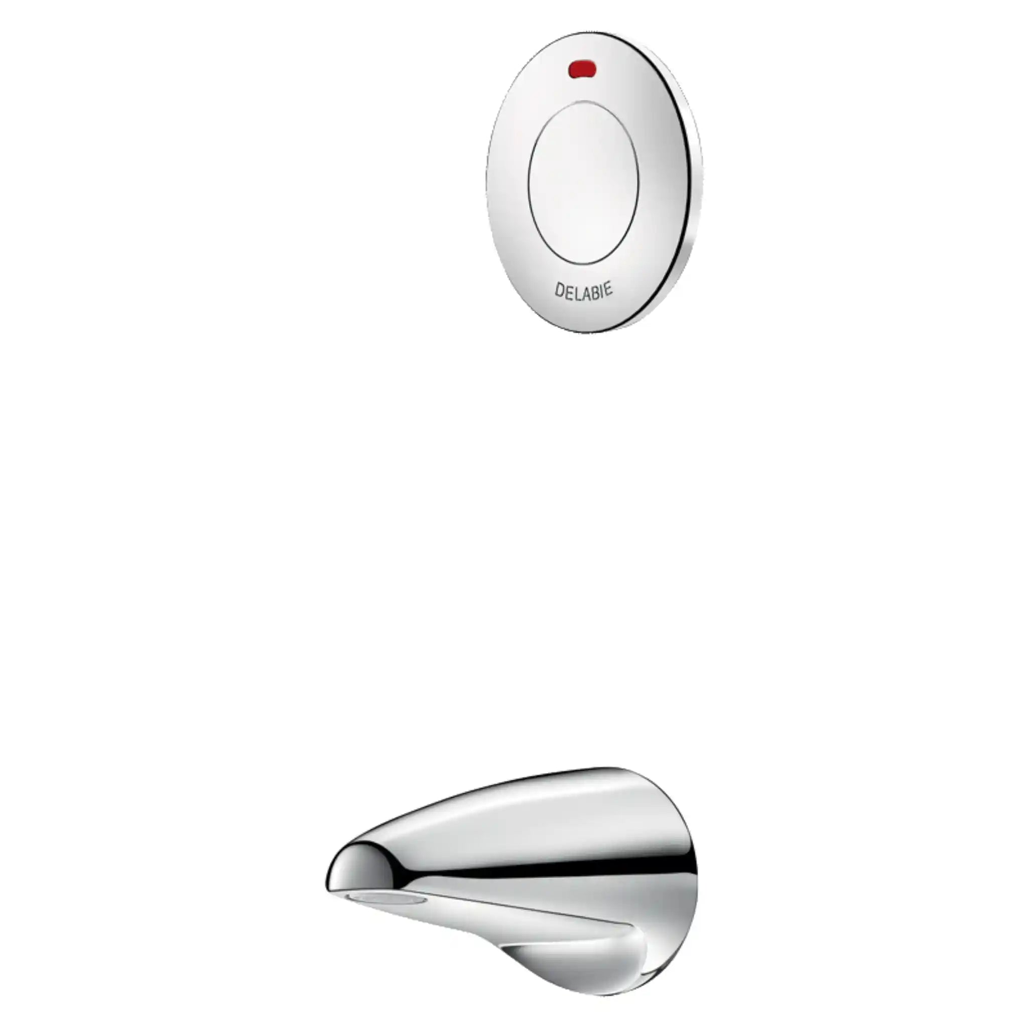 Delabie Tempostop cross wall tap in chrome-plated solid brass, compact wall-mounted body with one control and standard backing nut