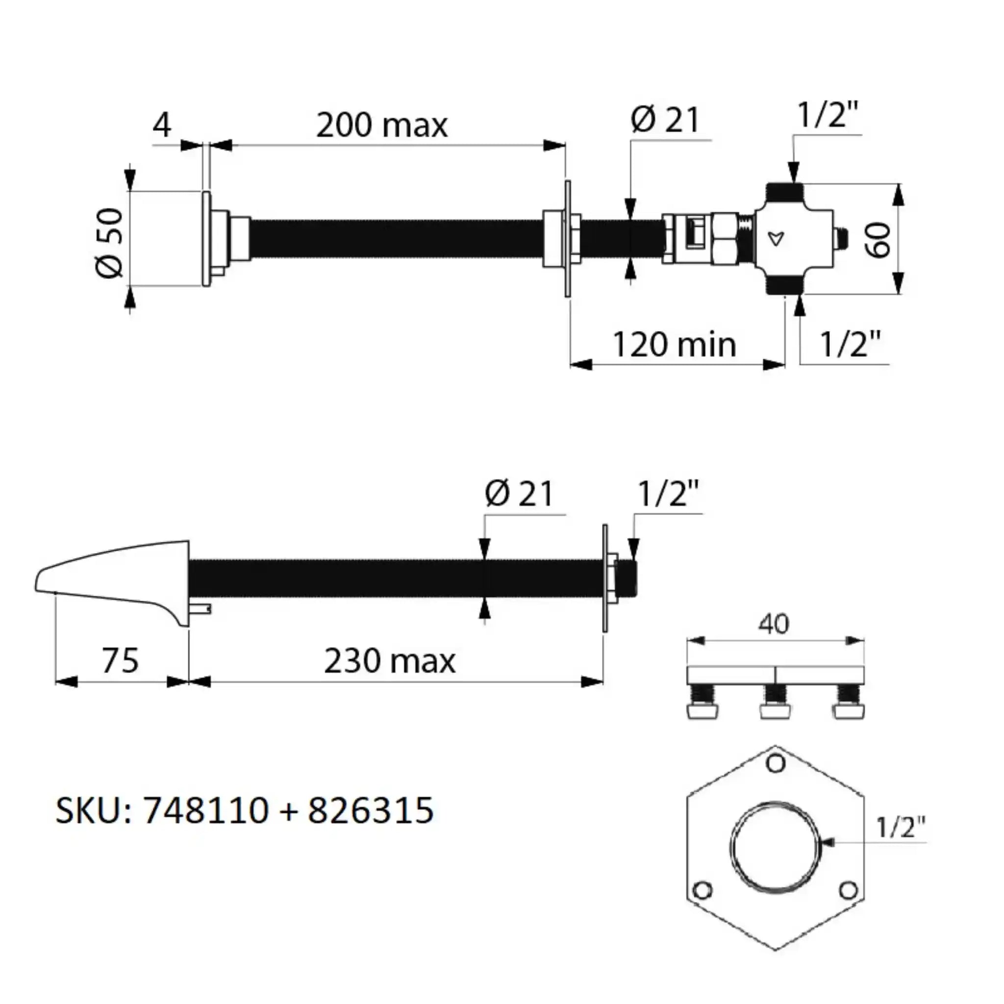 An image showing the technical drawings for the Delabie Tempostop Cross Wall Tap One Control with Reinforced Back Nut Screws