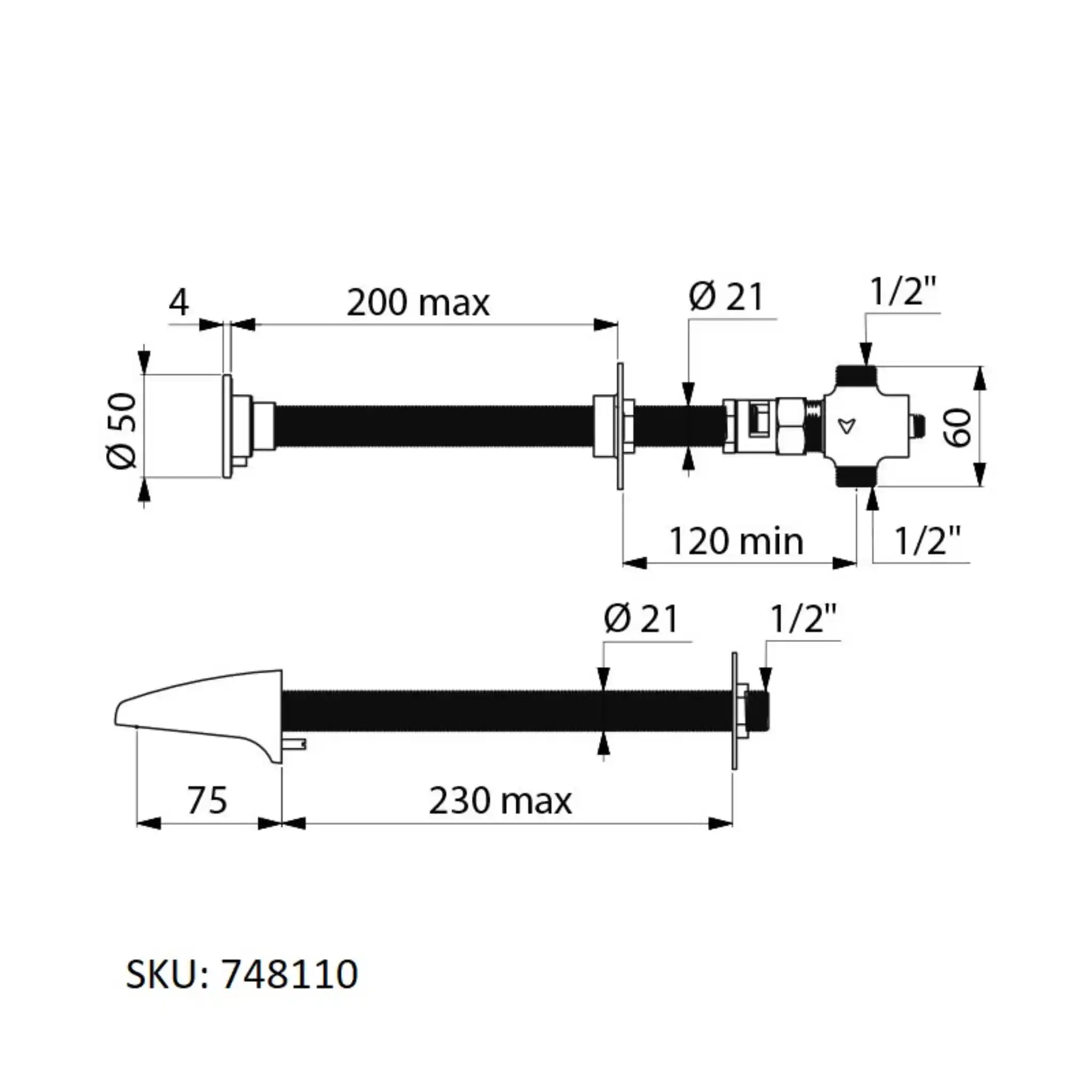 An image showing the technical drawings for the Delabie Tempostop Cross Wall Tap One Control Standard Back Nut