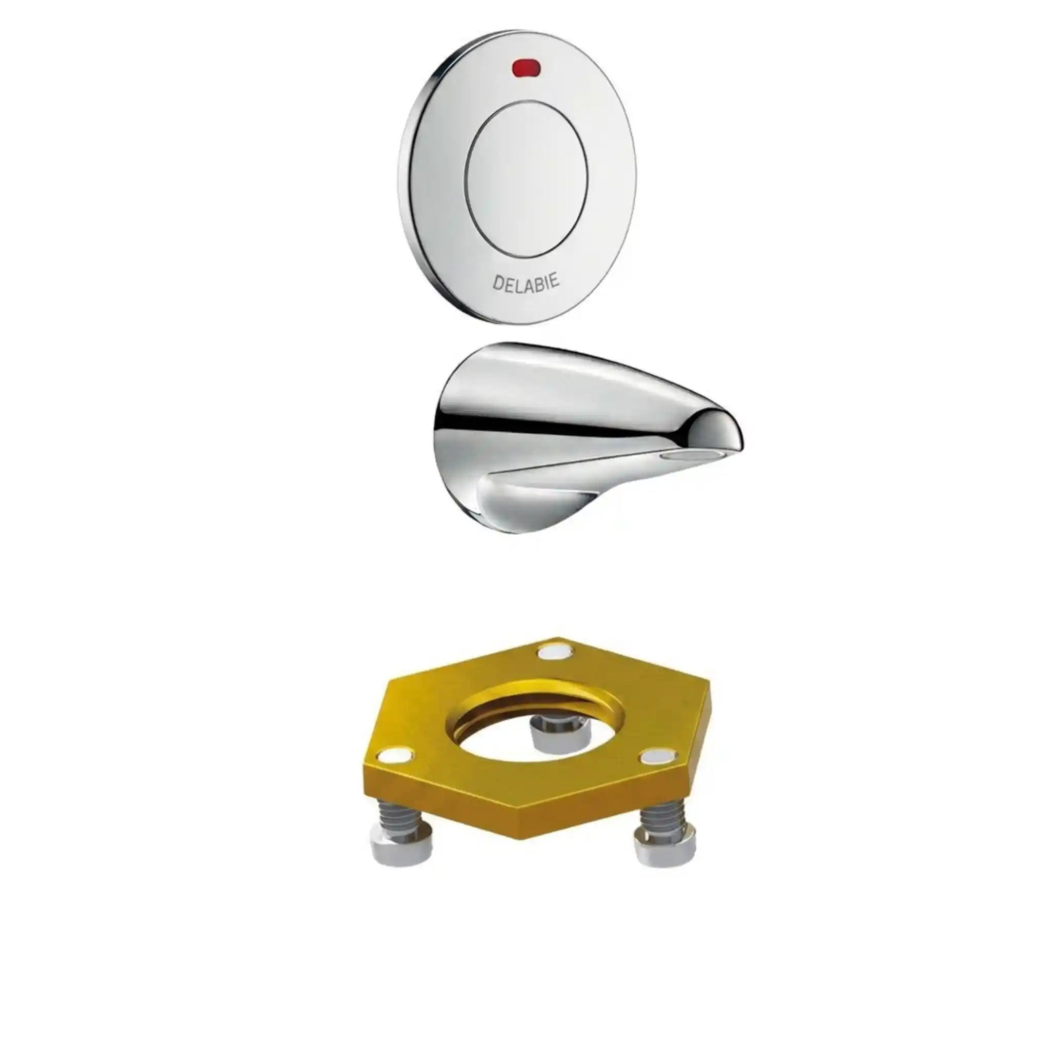 Delabie Tempostop cross wall tap in chrome-plated solid brass, compact wall-mounted body with one control and reinforced backing nut