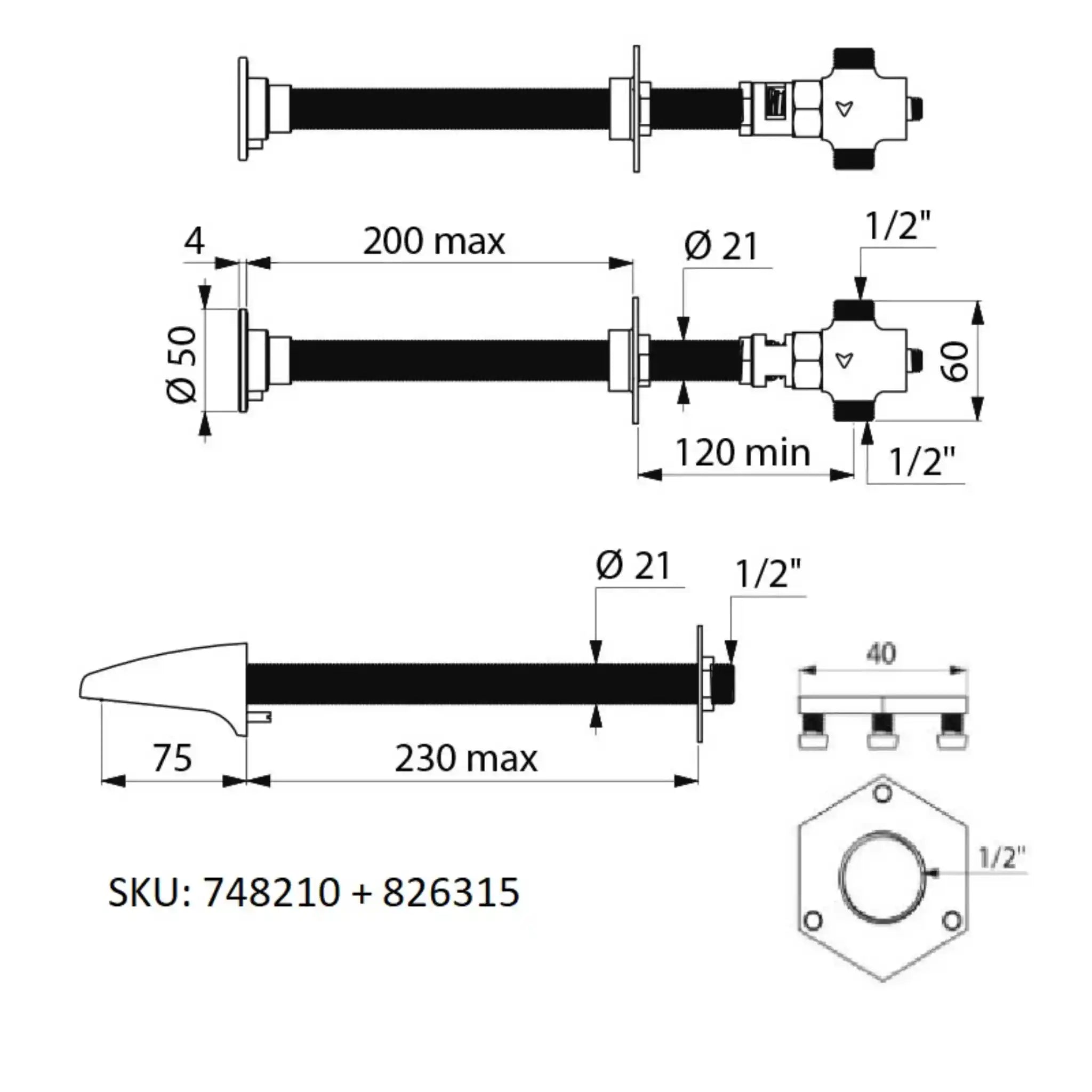 An image showing the technical drawings for the Delabie Tempostop Cross Wall Tap Two Control with Reinforced Back Nut Screws