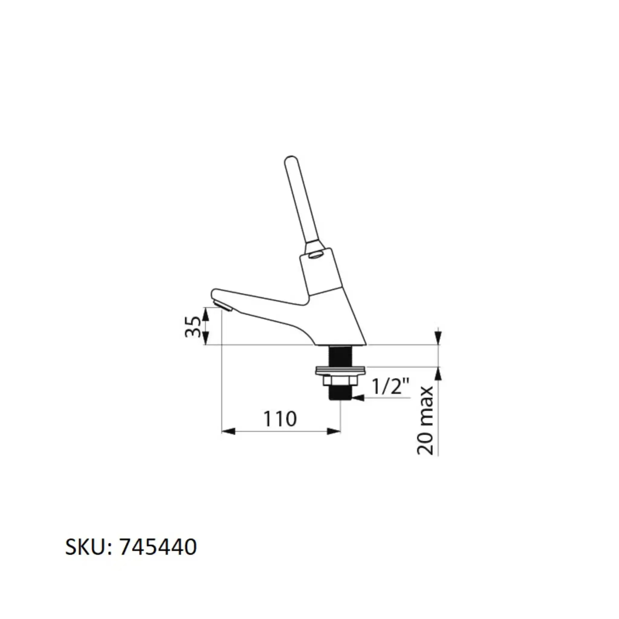 An image showing the technical drawings for the Delabie Tempostop Lever Operated Standard Back Nut Without AB