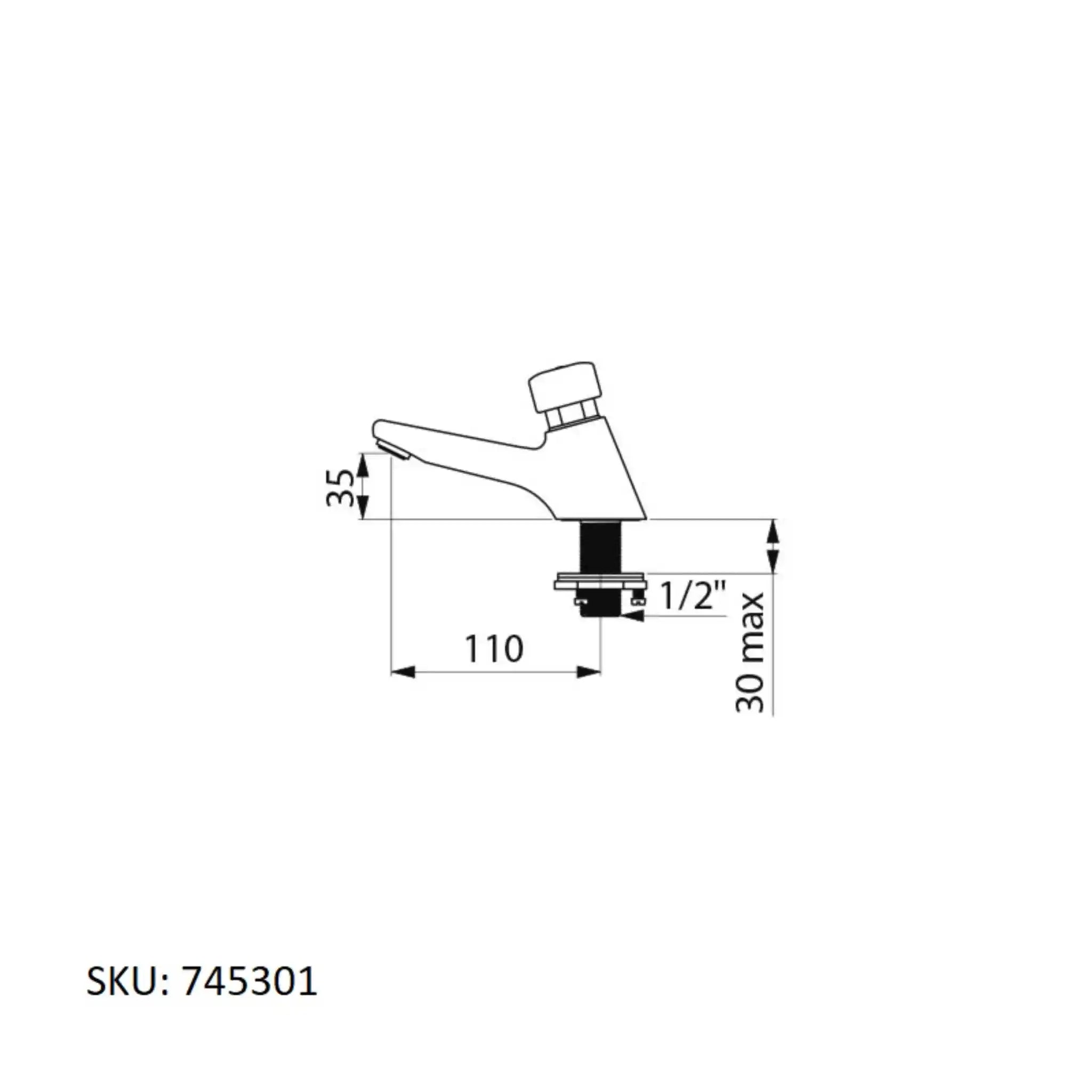 An image showing the technical drawings for the Delabie Tempostop Push Button Reinforced Back Nut Screws With AB
