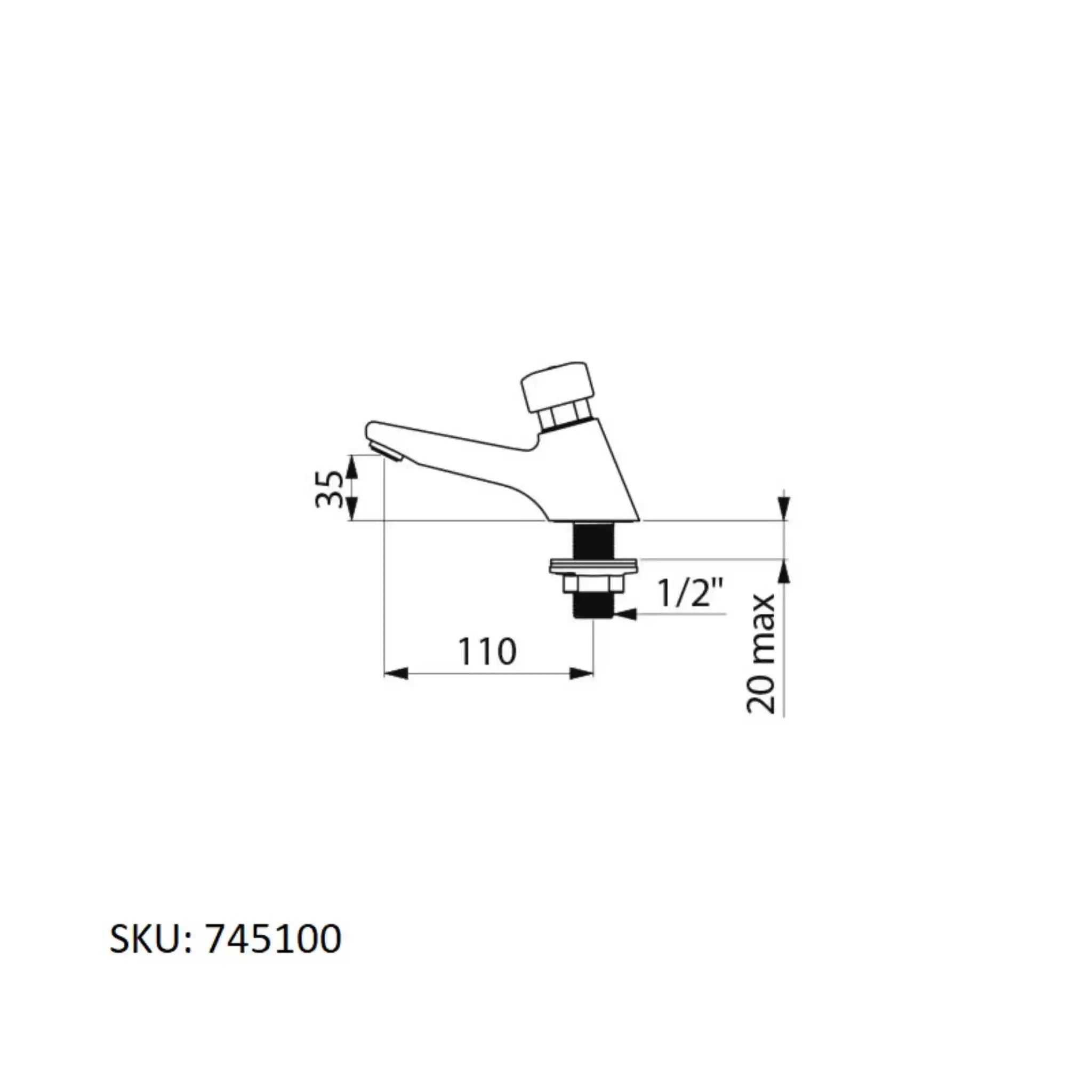 An image showing the technical drawings for the Delabie Tempostop Push Button Standard Back Nut Without AB