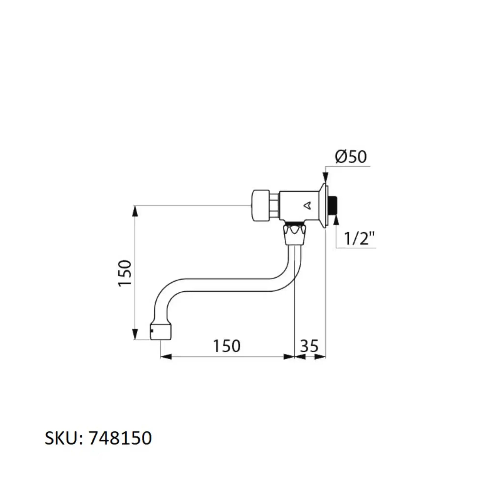 An image showing the technical drawings for the Delabie Tempostop Swivelling Wall Mounted Tap