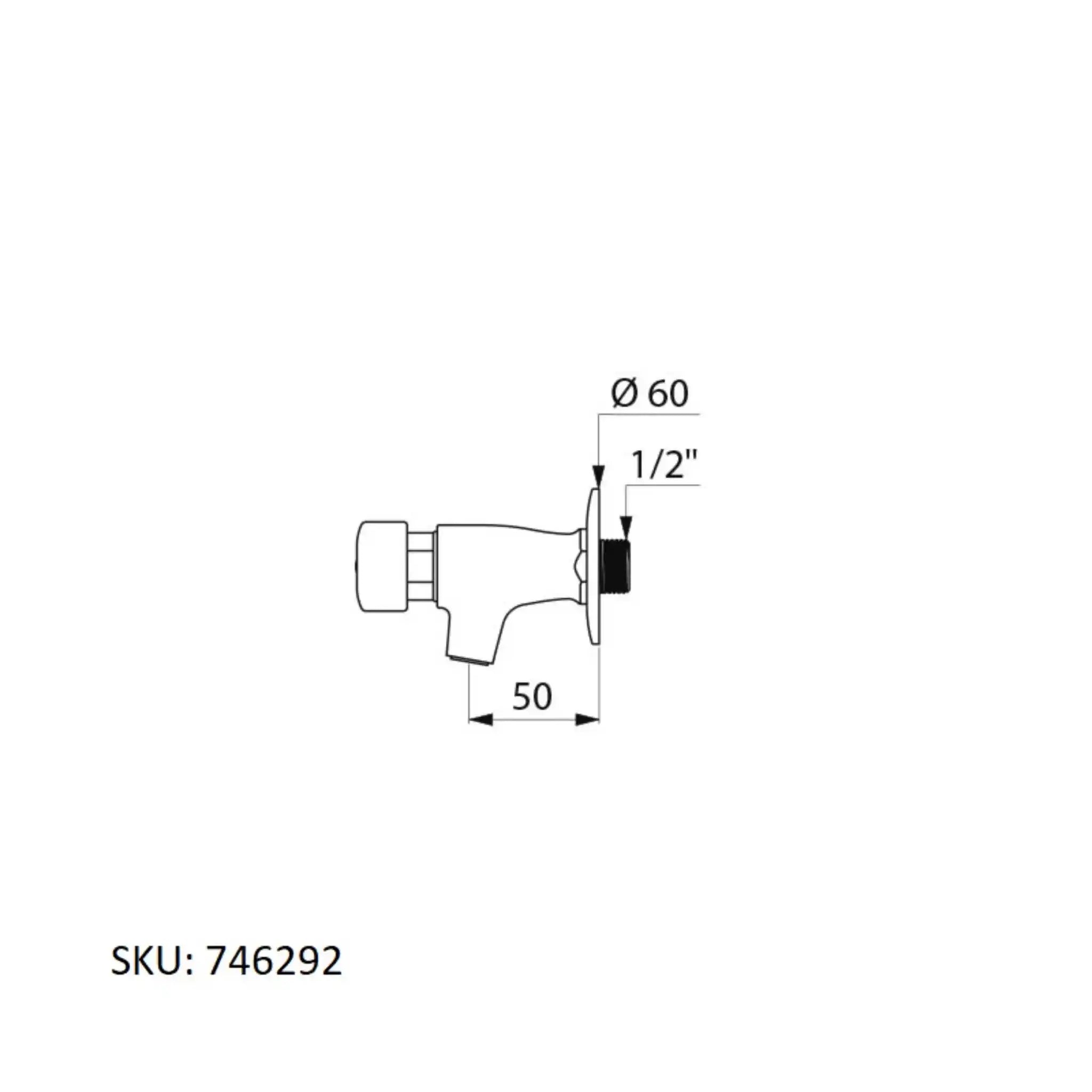 An image showing the technical drawings for the Delabie Tempostop Wall Mounted Tap Push Button Wall Plate