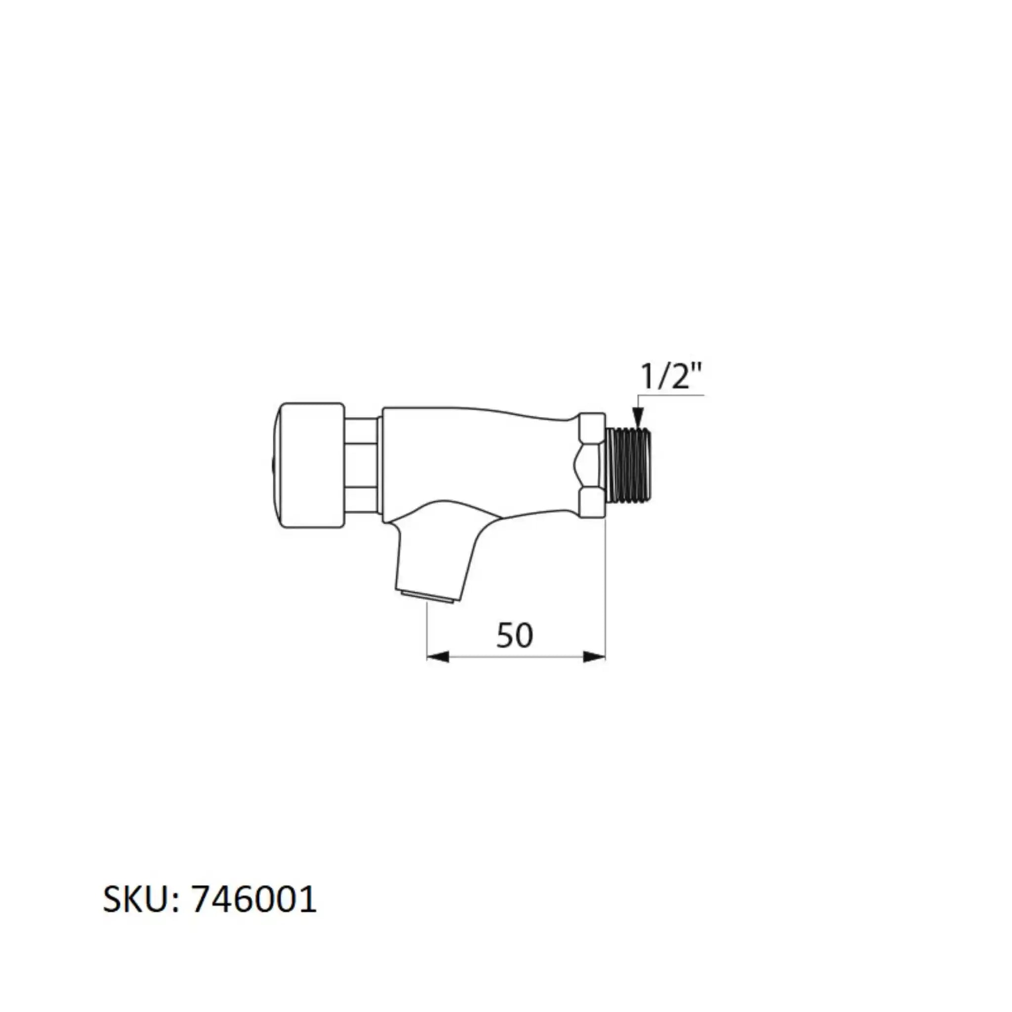 An image showing the technical drawings for the Delabie Tempostop Wall Mounted Tap Push Button With AB