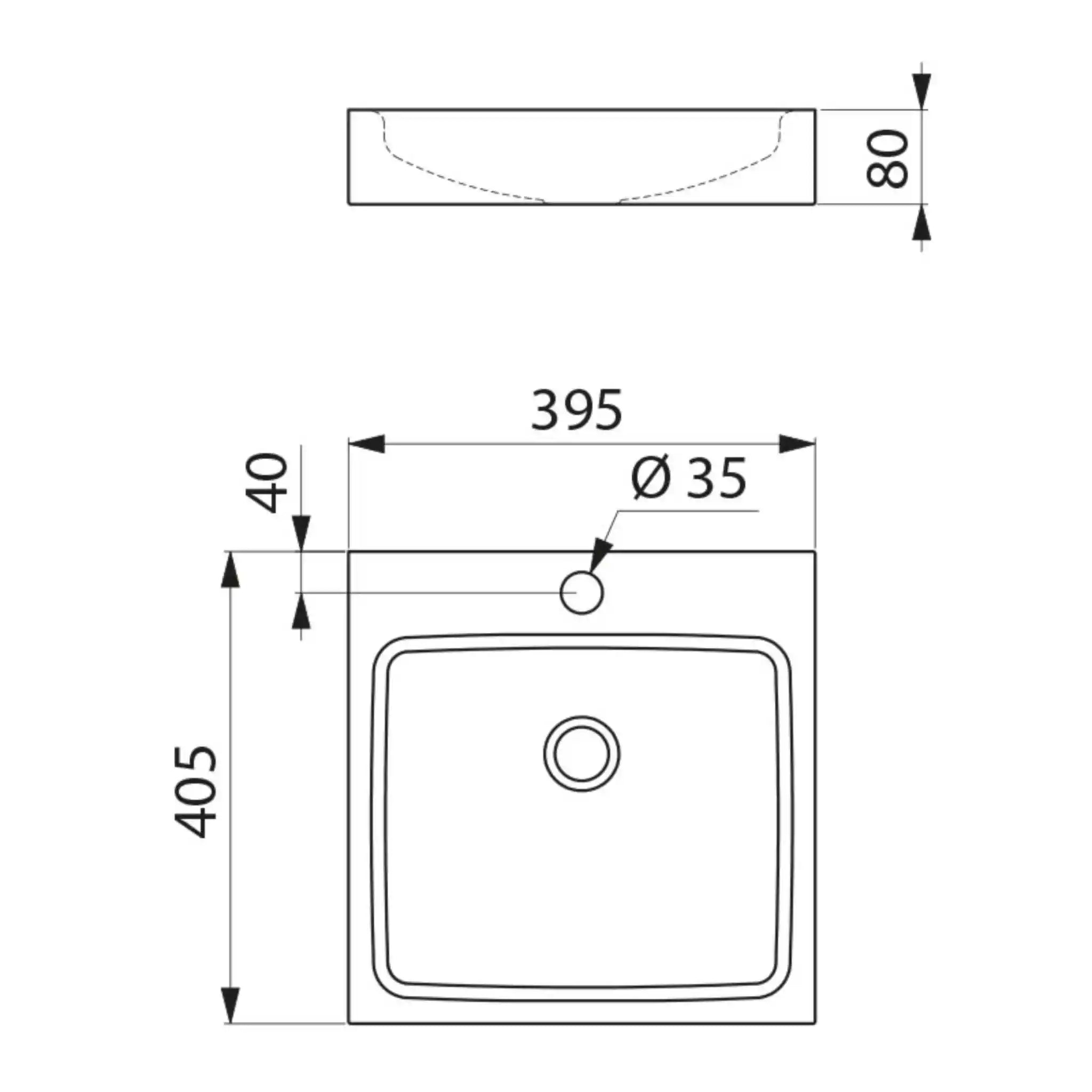 A image showing the technical drawings for the Delabie UNITO Washbasin with a tap hole