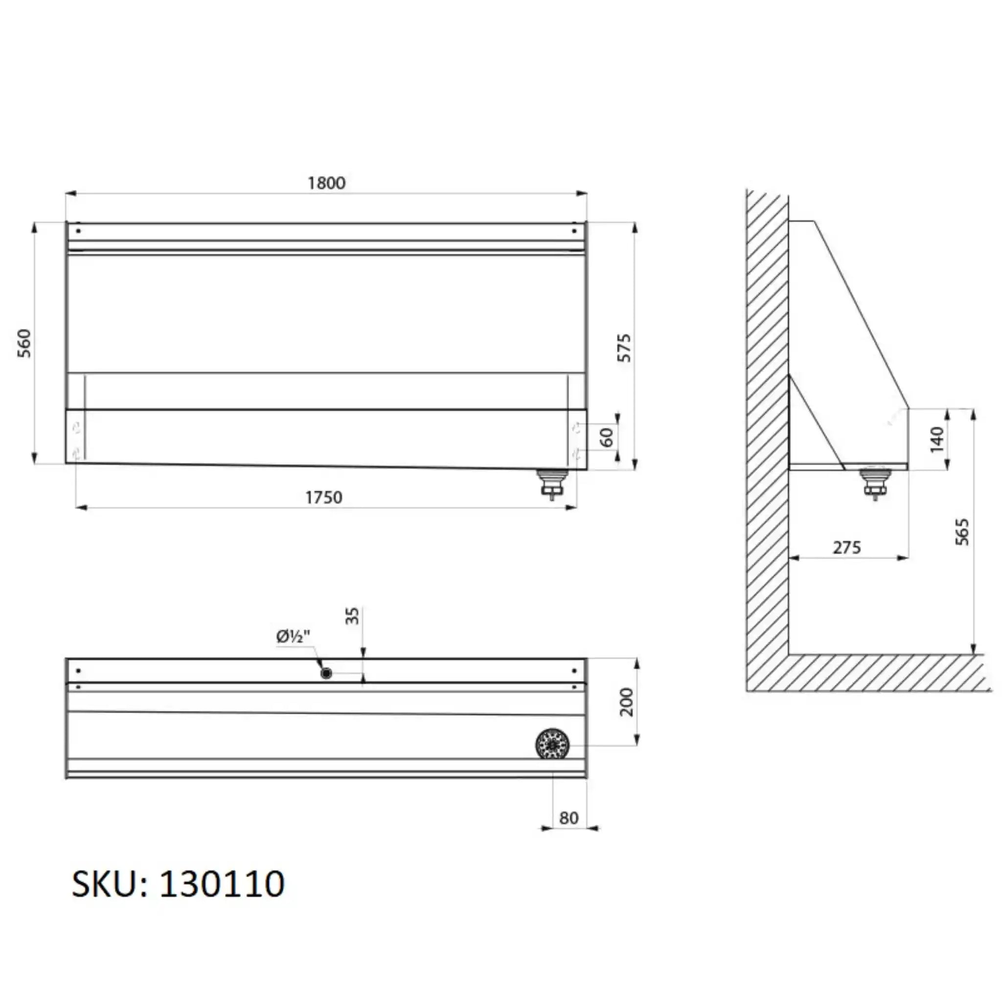 A image showing the technical drawings for the Delabie Urinal Trough 1800mm Three Person
