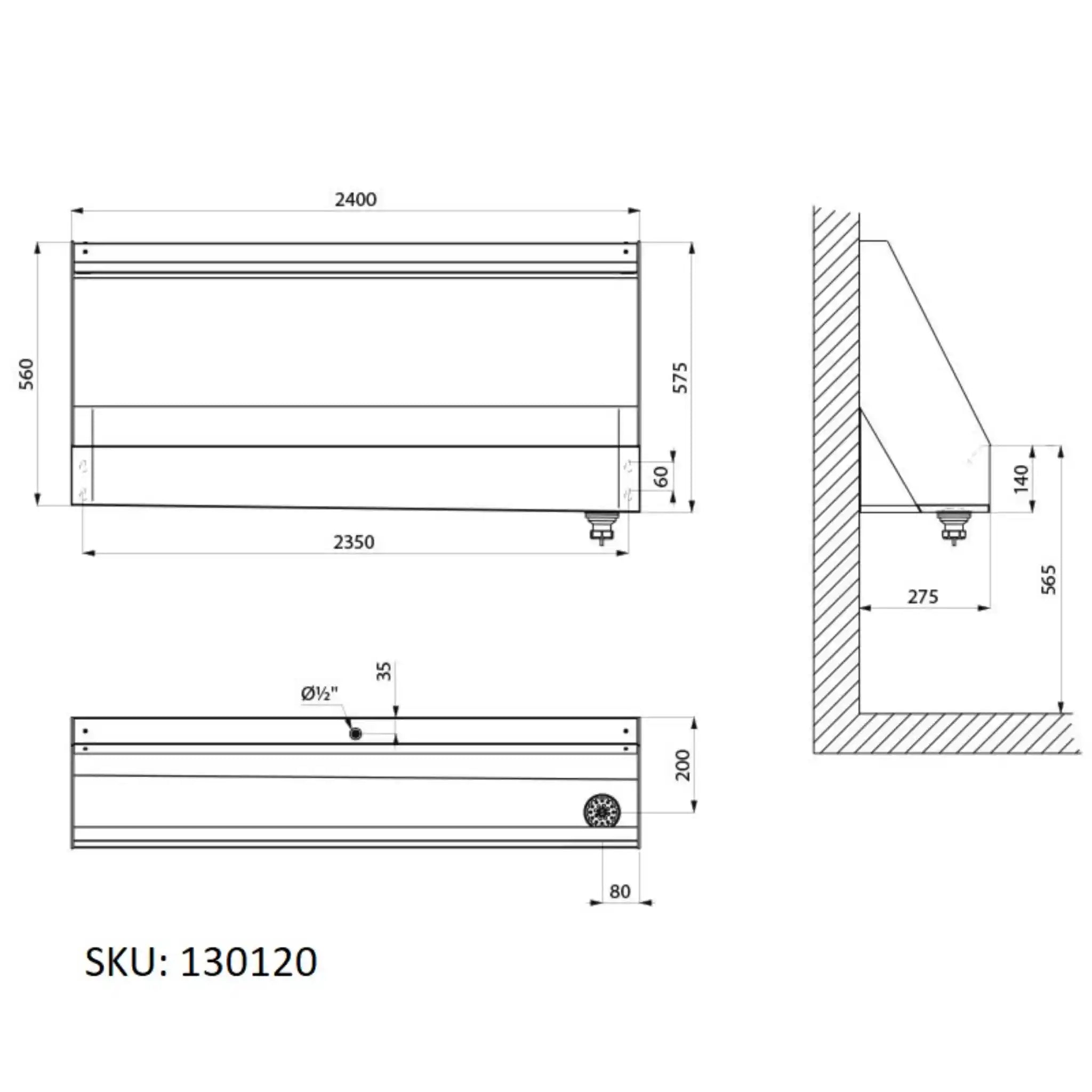 A image showing the technical drawings for the Delabie Urinal Trough 2400mm Four Person