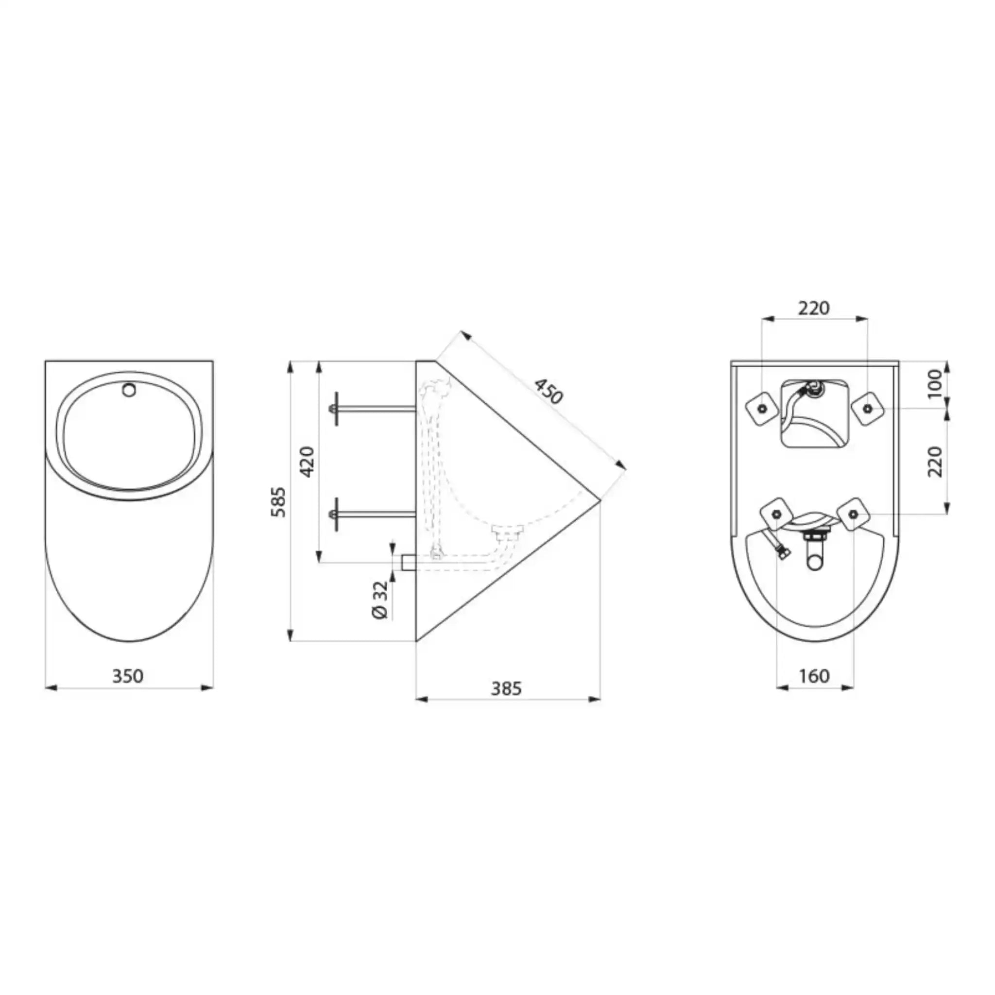A Technical Drawings for Delabie Vandal Resistant Delta Urinal Front Mounting