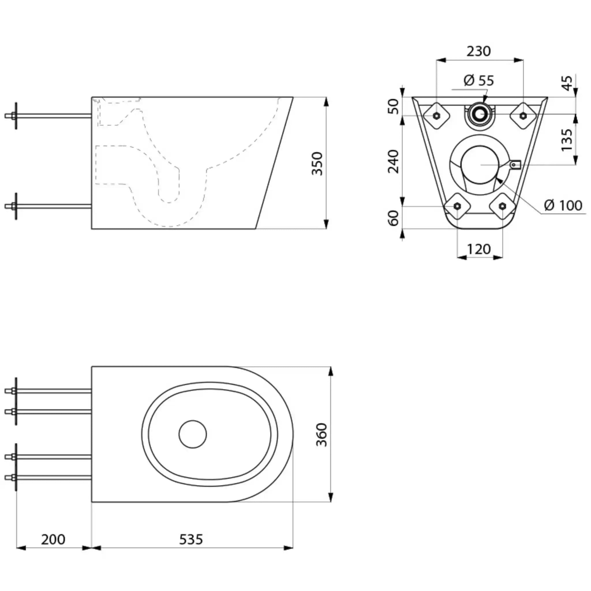 A image showing the technical drawings for the Delabie Wall Hung S 21 Vandal Proof WC