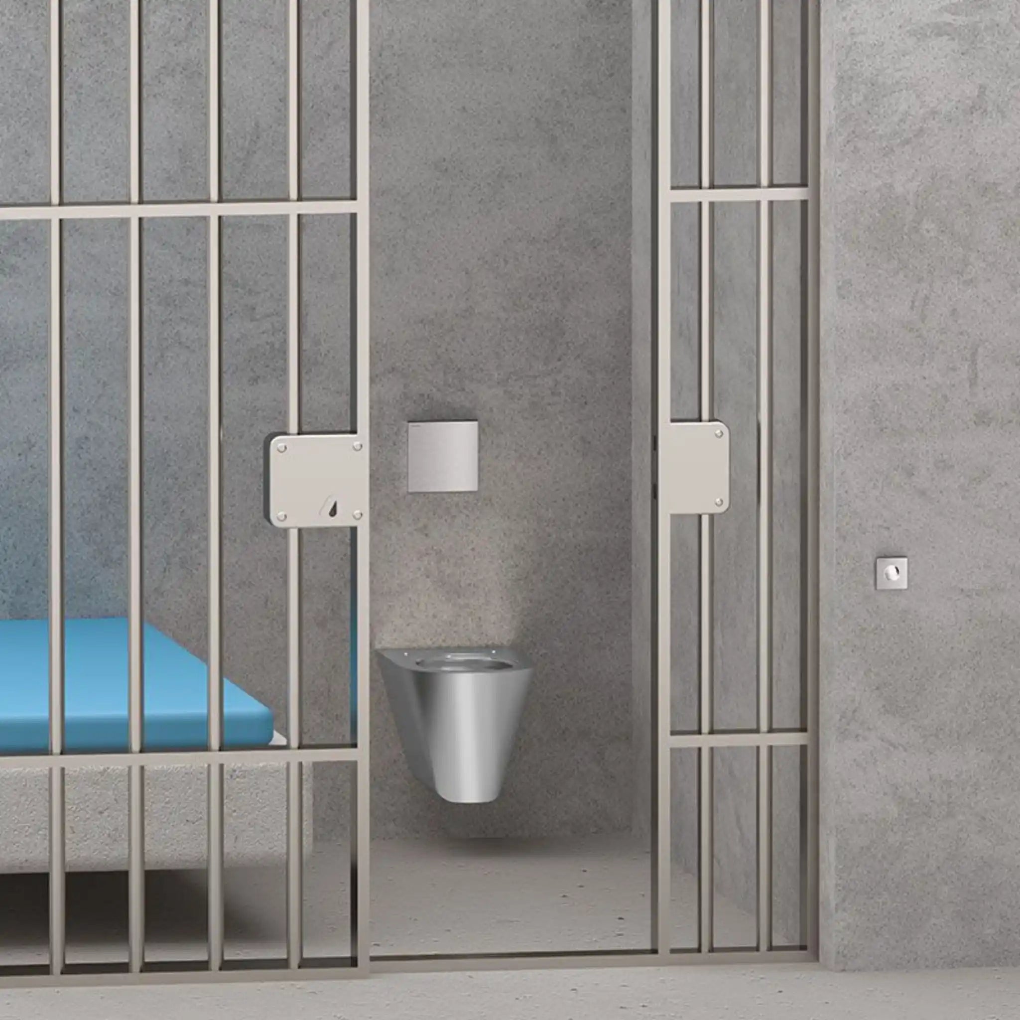 Wall-mounted Delabie Wall Hung S 21 TC Through Wall WC toilet in a prison cell