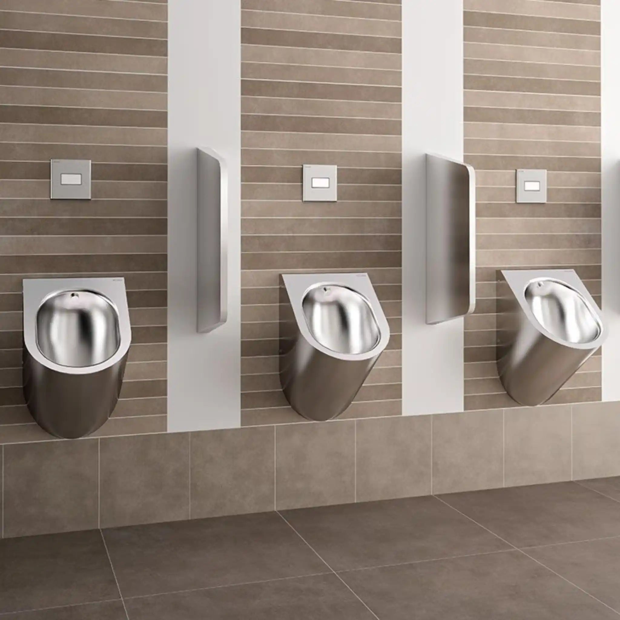Delta Wall Hung Urinal Dual Finish Rear Water Inlet Recessed in Public Washroom