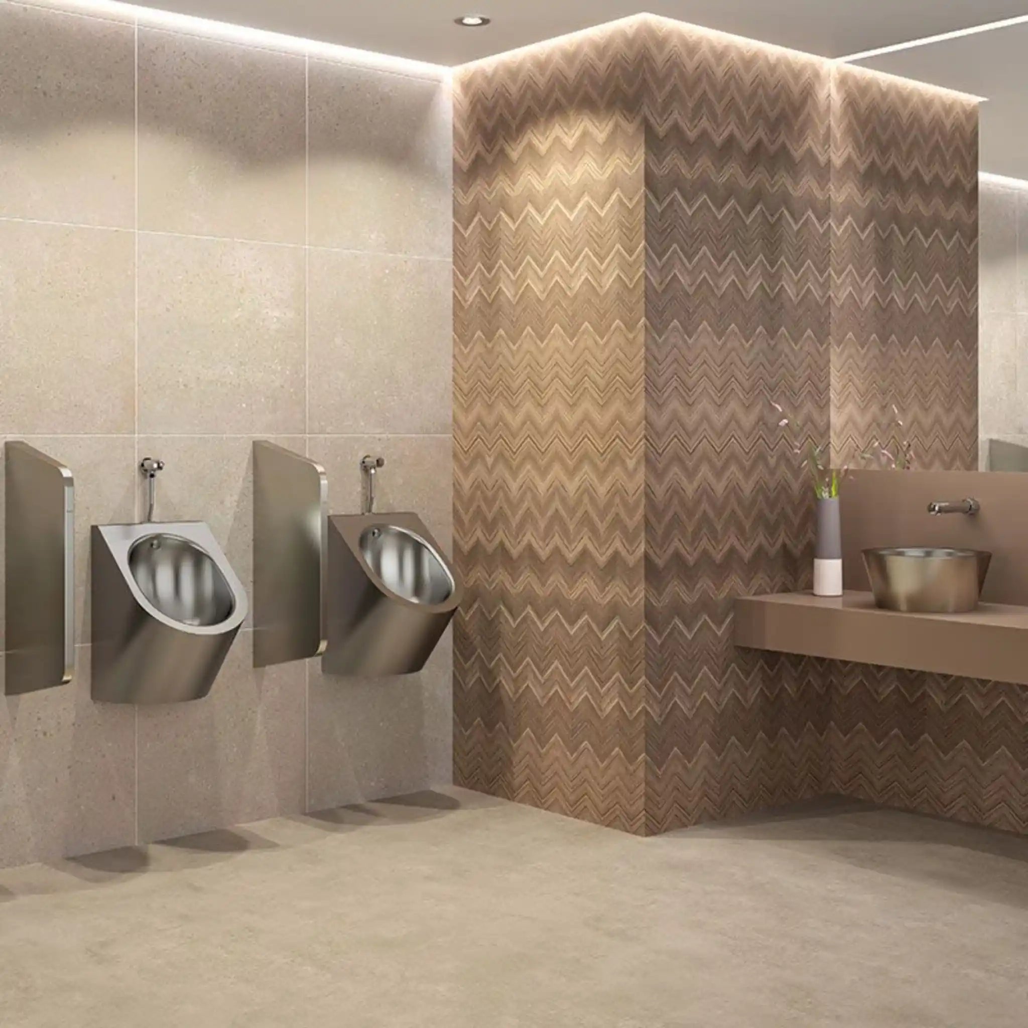 Delta Wall Hung Urinal Polished Satin Finish Exposed Waste Outlet in Public Washroom