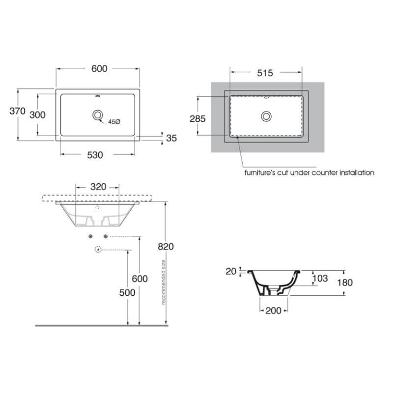 Dolphin Rectangular Under-Counter Basin drawing