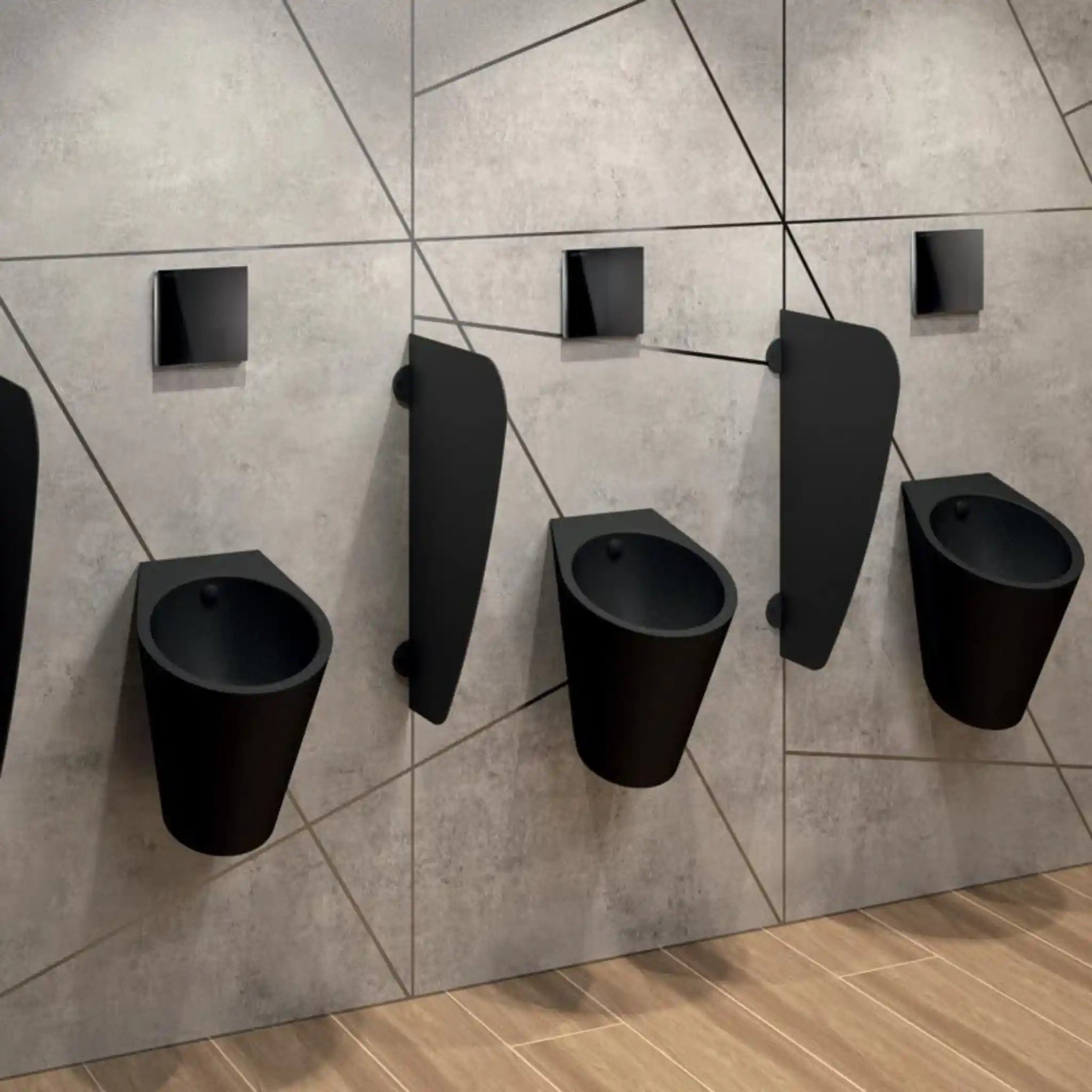 Fino Wall Hung Urinal Matte Black Rear Water Inlet Recessed in Public Washroom