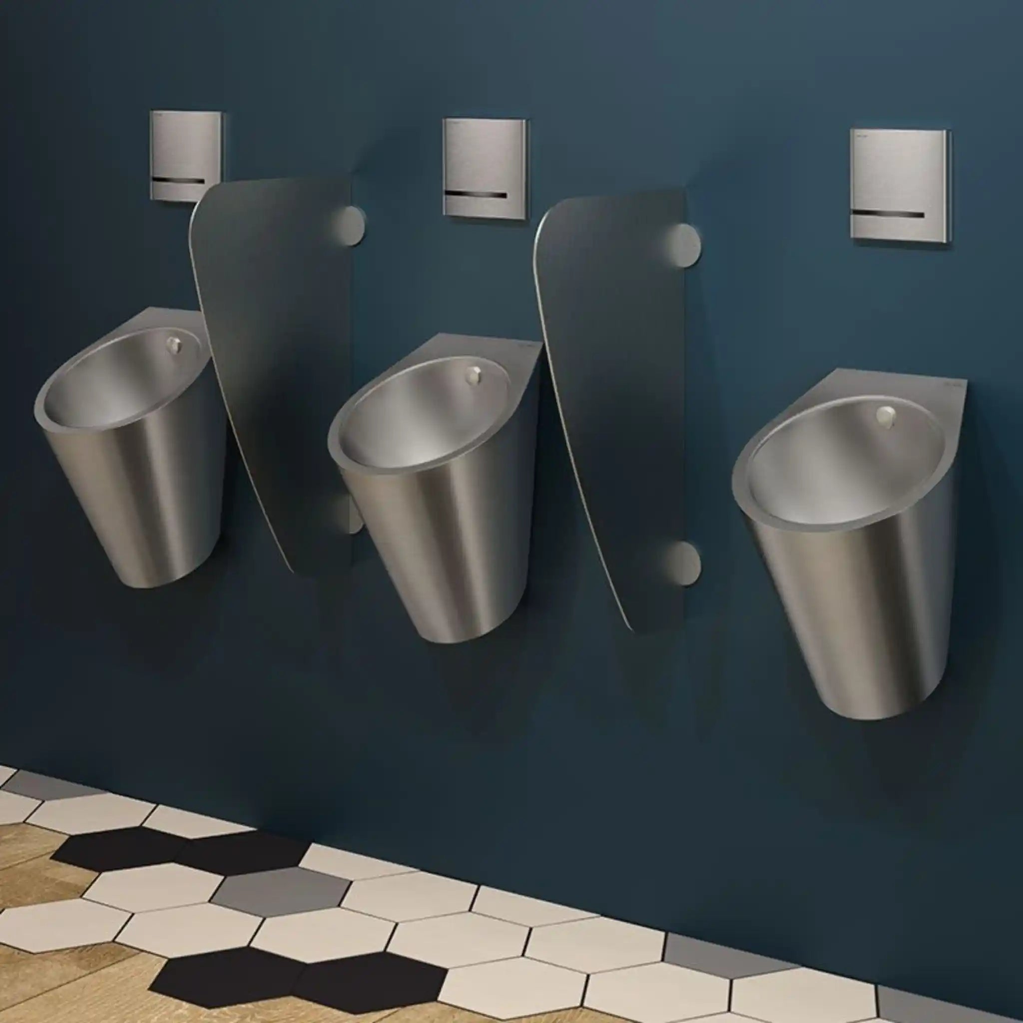 Fino Wall Hung Urinal Polished Satin Finish mounted on Blue Wall