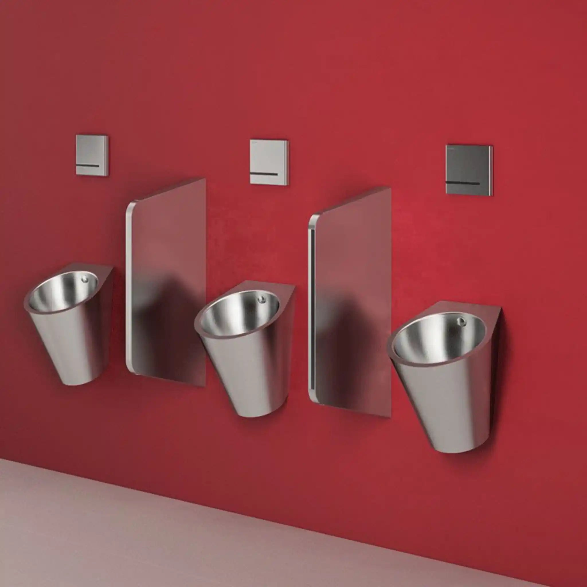 Fino Wall Hung Urinal Polished Satin Finish mounted on Red Wall