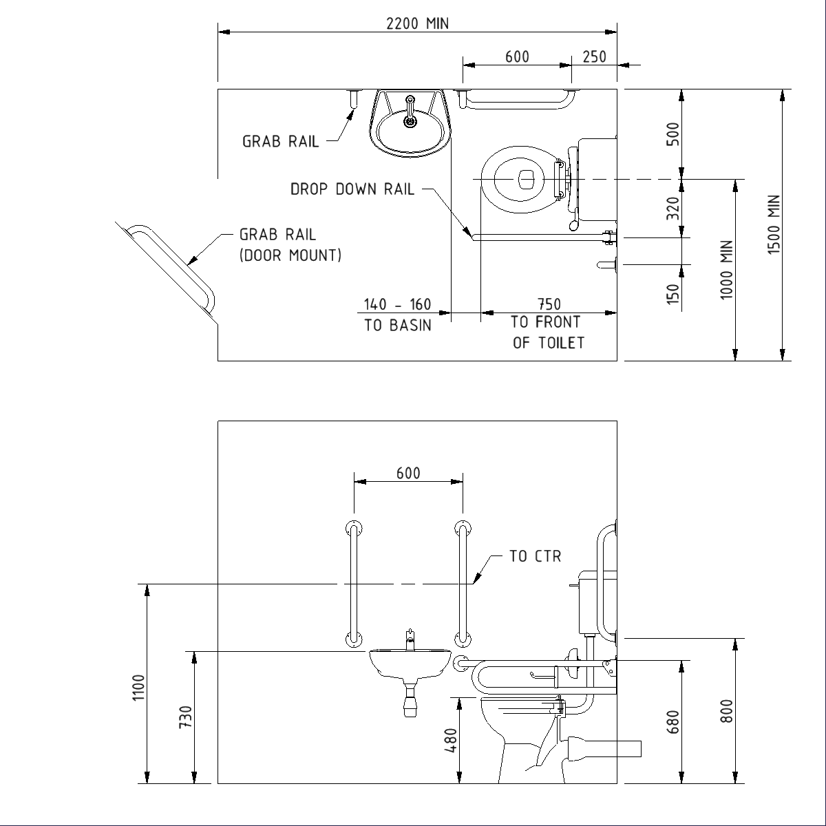 A image of the Fitzroy Of London Low Level Accessible Toilet Pack With Central Tap technical drawings, showing how the pack is installed