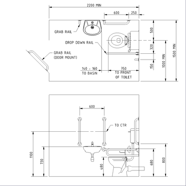 A image of the Fitzroy Of London Low Level Accessible Toilet Pack With Central Tap technical drawings, showing how the pack is installed