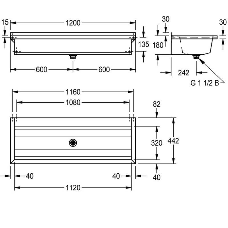 KWC DVS 1200mm No Tap Deck & Hole Planox Washtroughs Drawing
