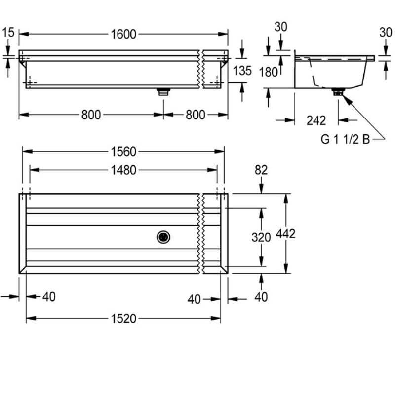 KWC DVS 1600mm No Tap Deck & Hole Planox Washtroughs Drawing
