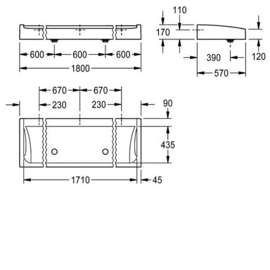 KWC DVS 1800mm Futura Exklusiv Washtrough Drawing
