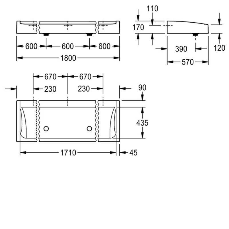 KWC DVS 1800mm Futura Exklusiv Washtrough Drawing
