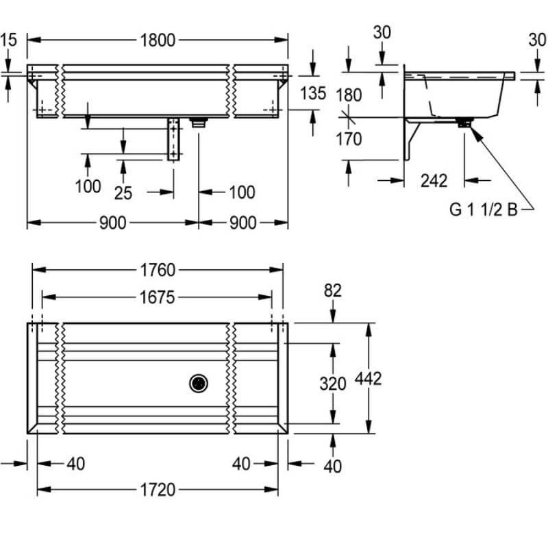 KWC DVS 1800mm No Tap Deck & Hole Planox Washtroughs Drawing
